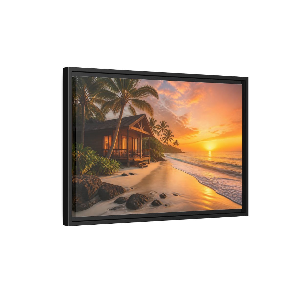 Side Mockup 3. Sunset Beach Bungalow shown as framed canvas print