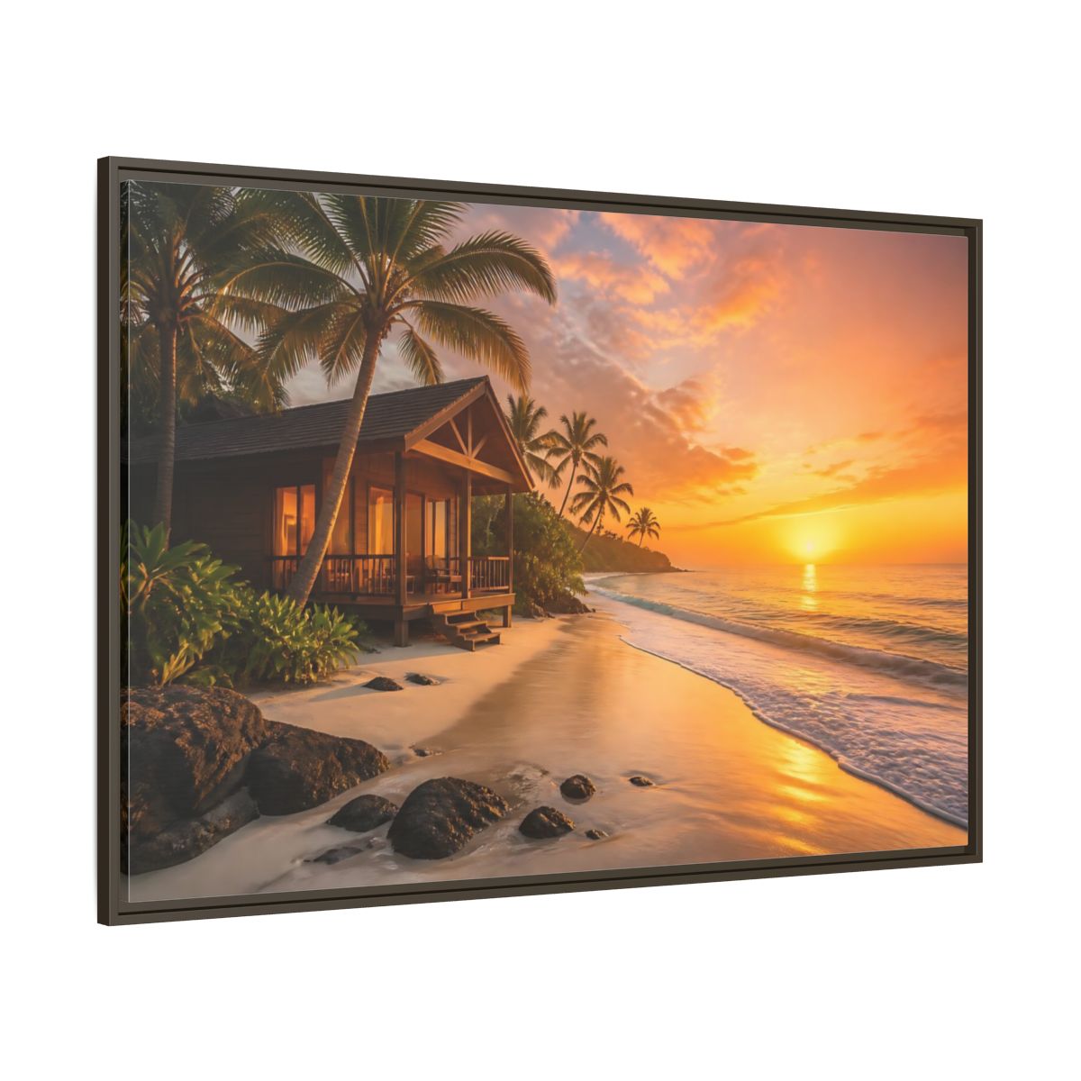 Side Mockup 8. Sunset Beach Bungalow shown as framed canvas print