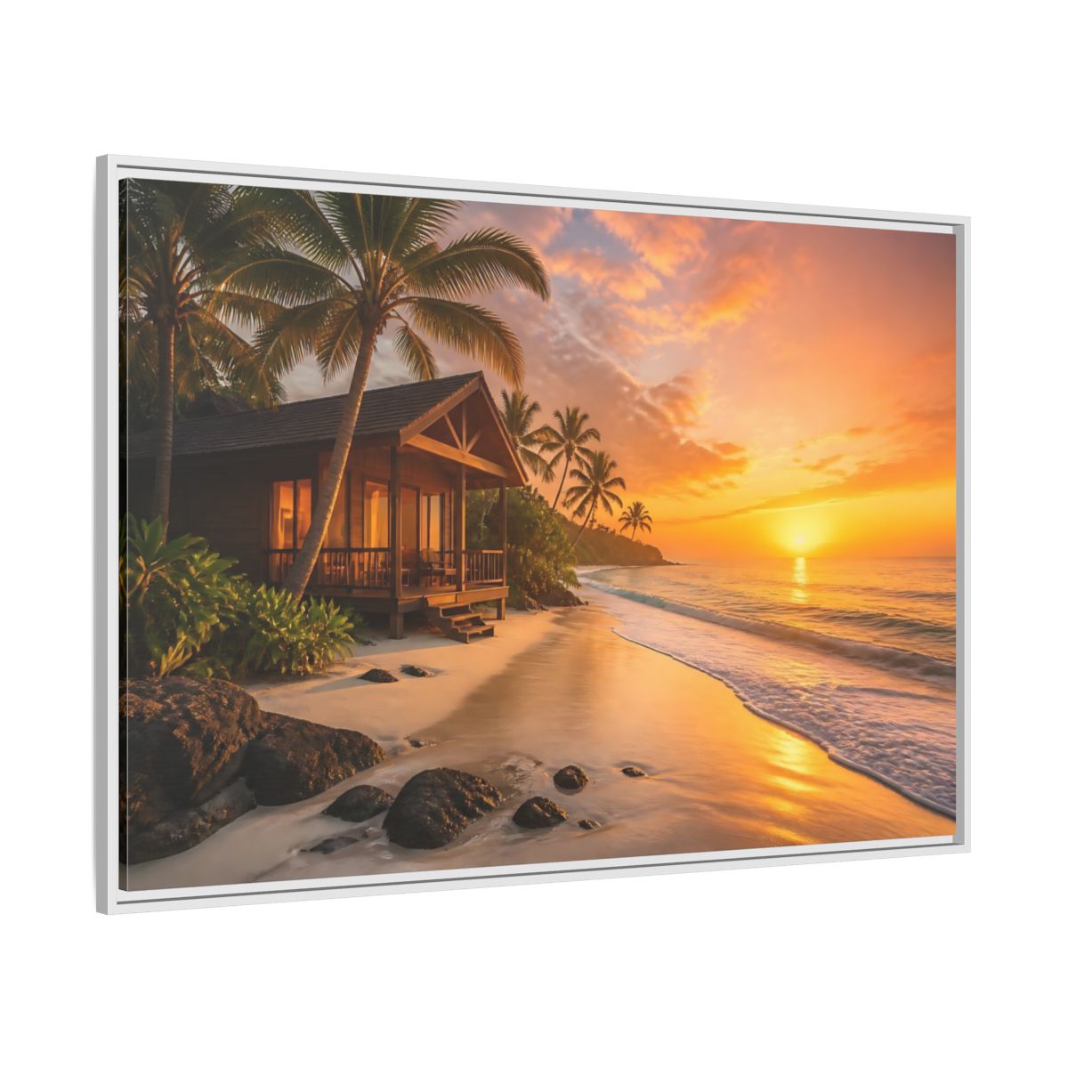 Side Mockup 7. Sunset Beach Bungalow shown as framed canvas print
