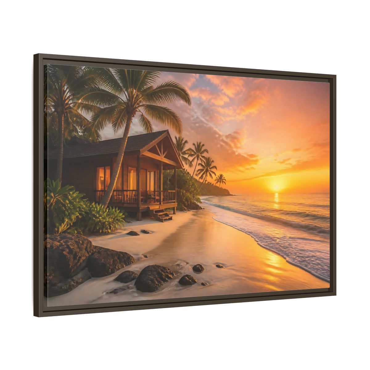 Main Mockup. Sunset Beach Bungalow shown as framed canvas print