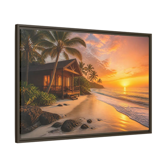 Main Mockup. Sunset Beach Bungalow shown as framed canvas print