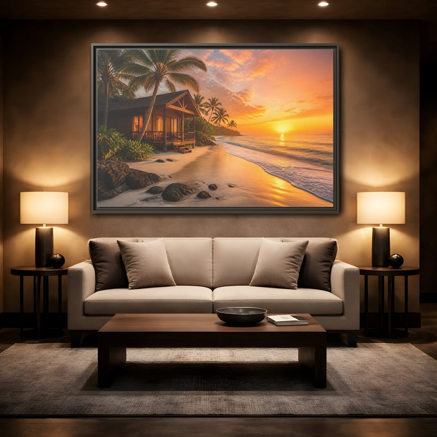 Mockup 2. Sunset Beach Bungalow shown as framed canvas print
