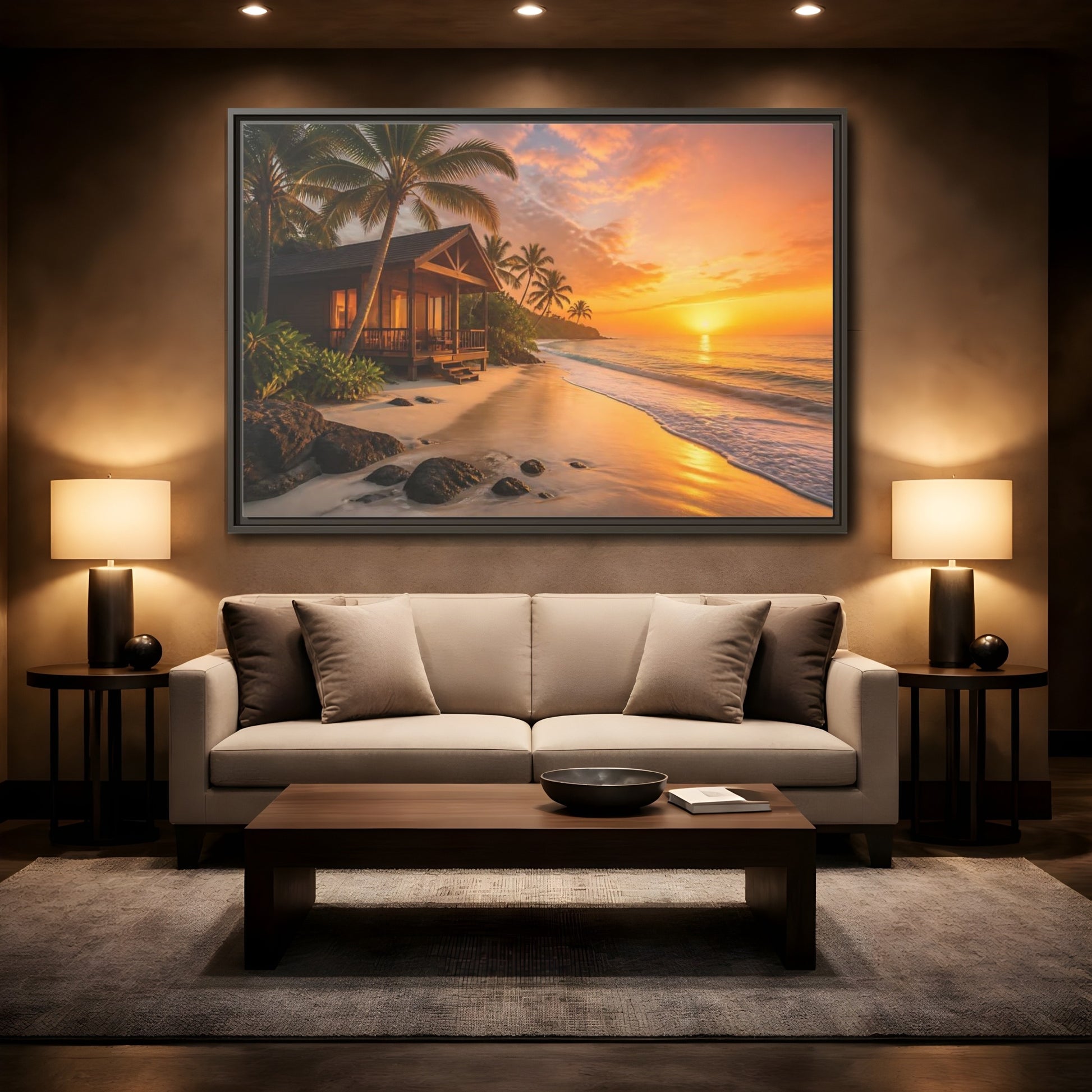 Mockup 2. Sunset Beach Bungalow shown as framed canvas print