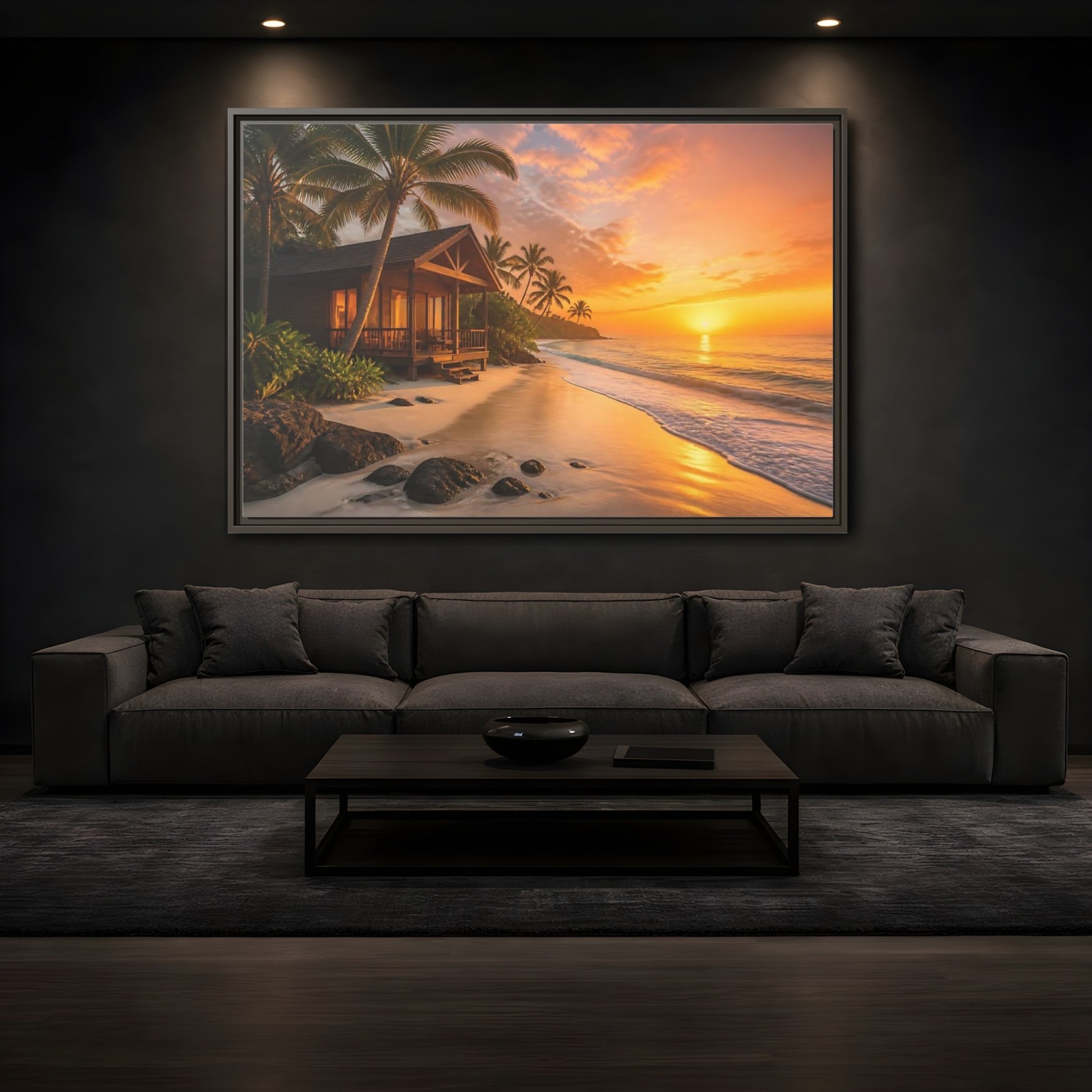 Mockup 3. Sunset Beach Bungalow shown as framed canvas print
