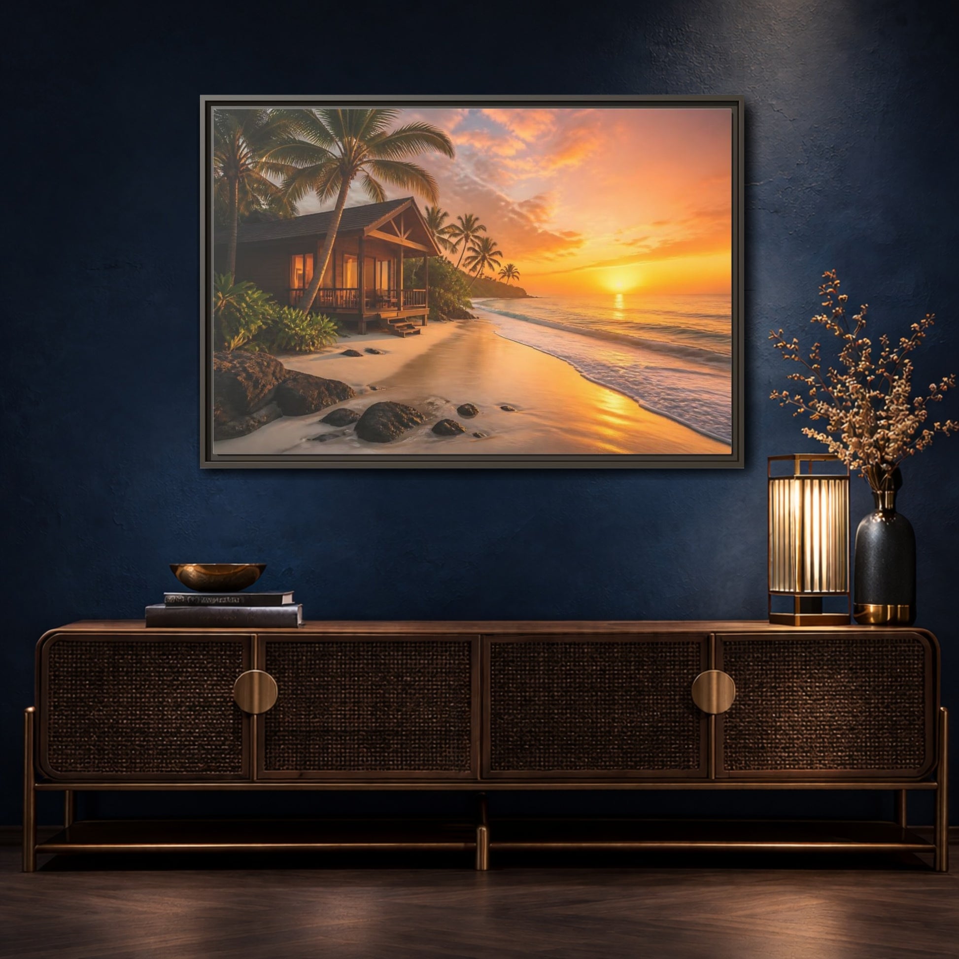 Mockup 4. Sunset Beach Bungalow shown as framed canvas print