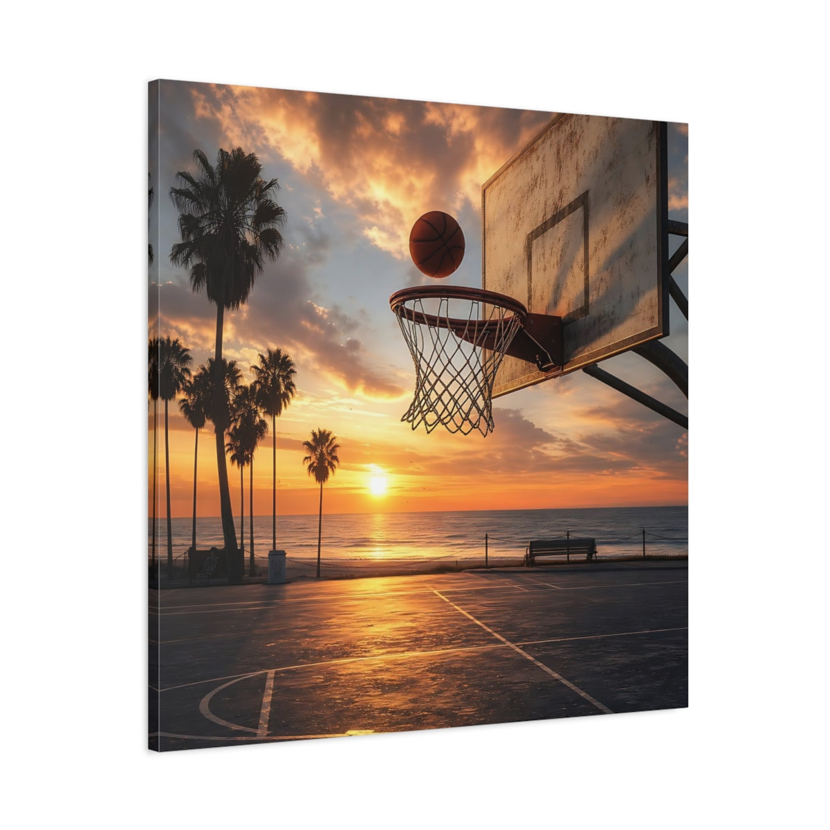 Main Mockup. Sunset Beach Hoops shown as canvas print