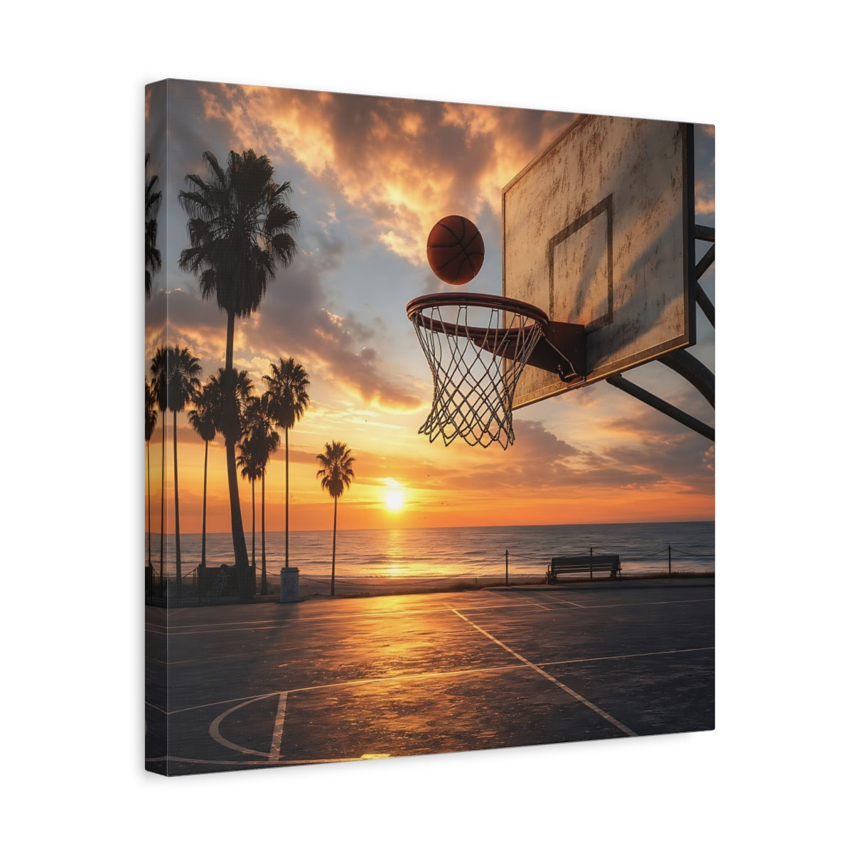 Side Mockup 6. Sunset Beach Hoops shown as canvas print