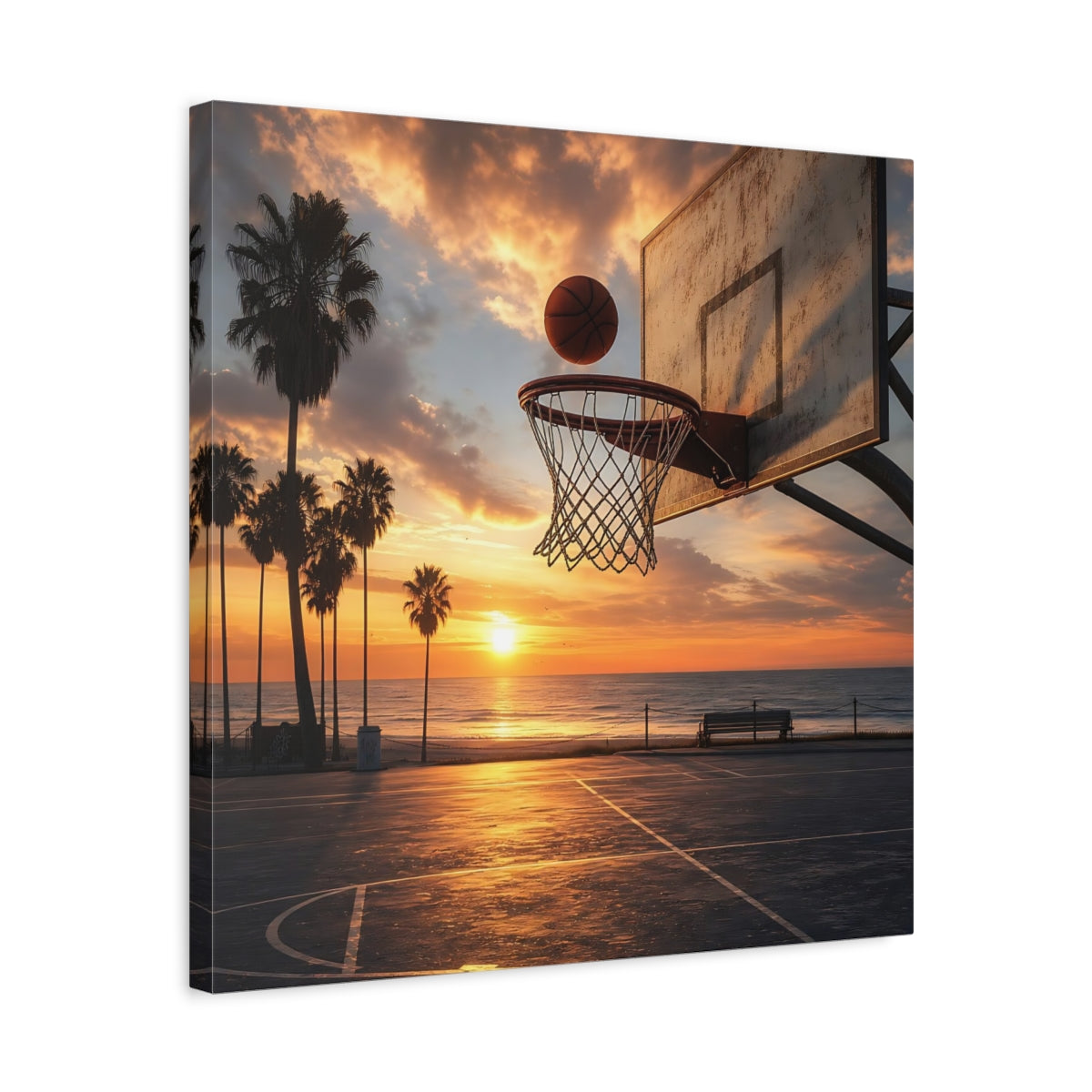 Side Mockup 5. Sunset Beach Hoops shown as canvas print
