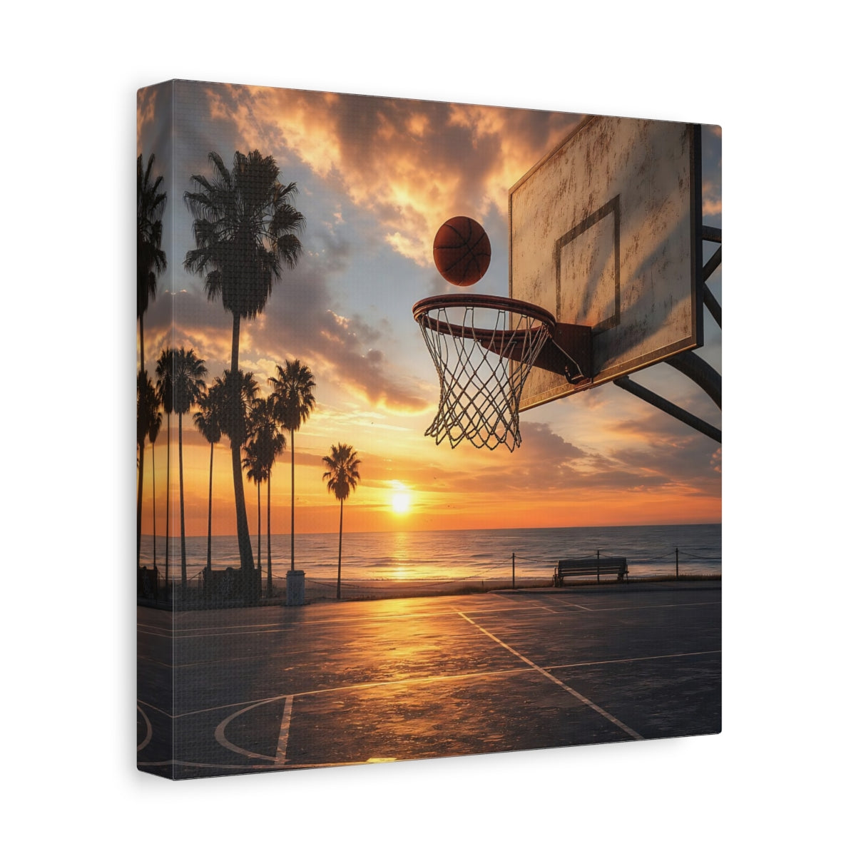 Side Mockup 9. Sunset Beach Hoops shown as canvas print