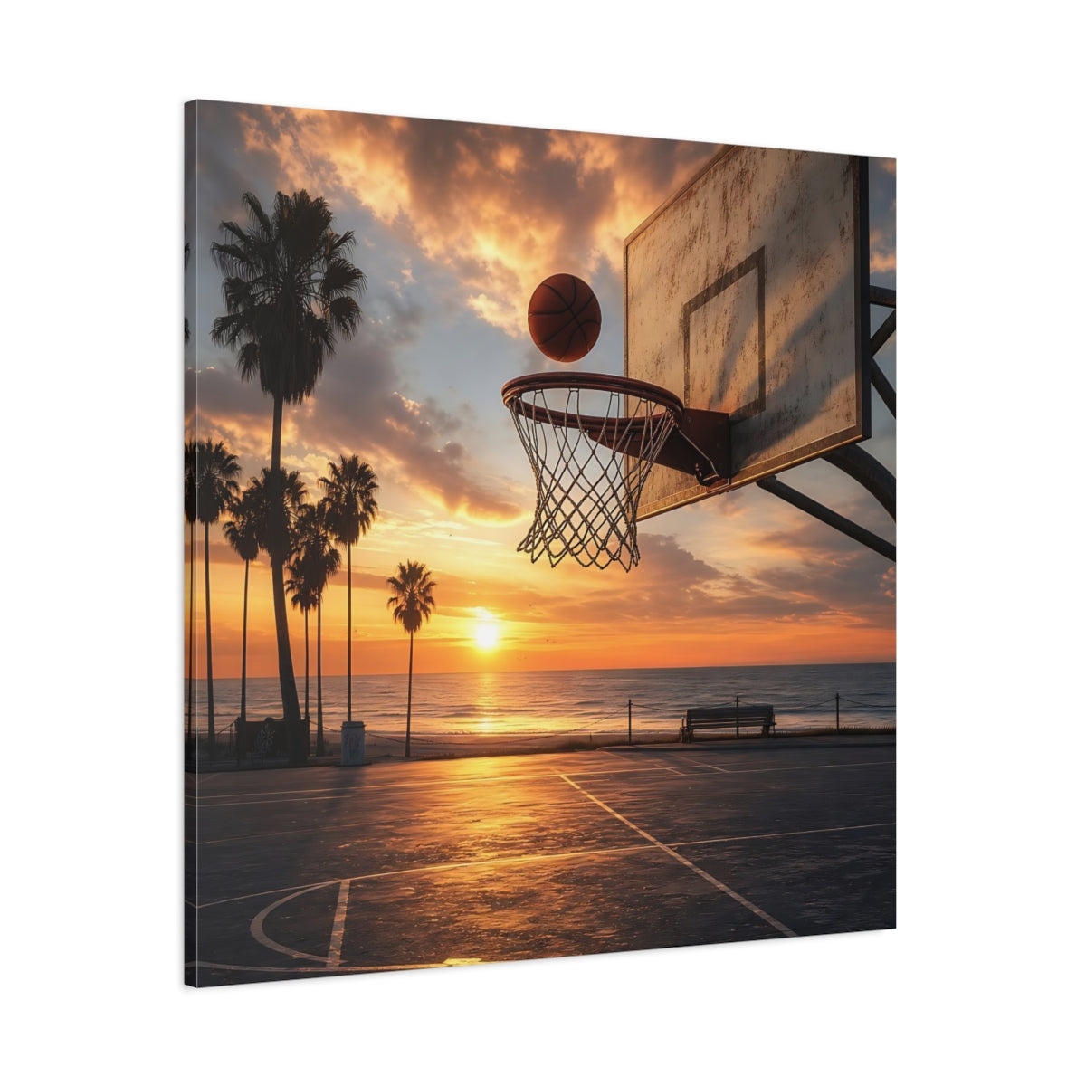 Side Mockup 1. Sunset Beach Hoops shown as canvas print