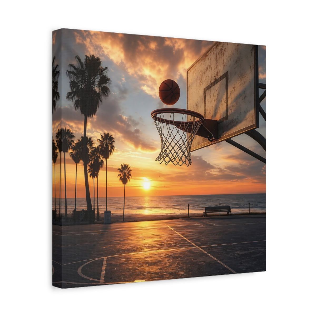 Side Mockup 7. Sunset Beach Hoops shown as canvas print