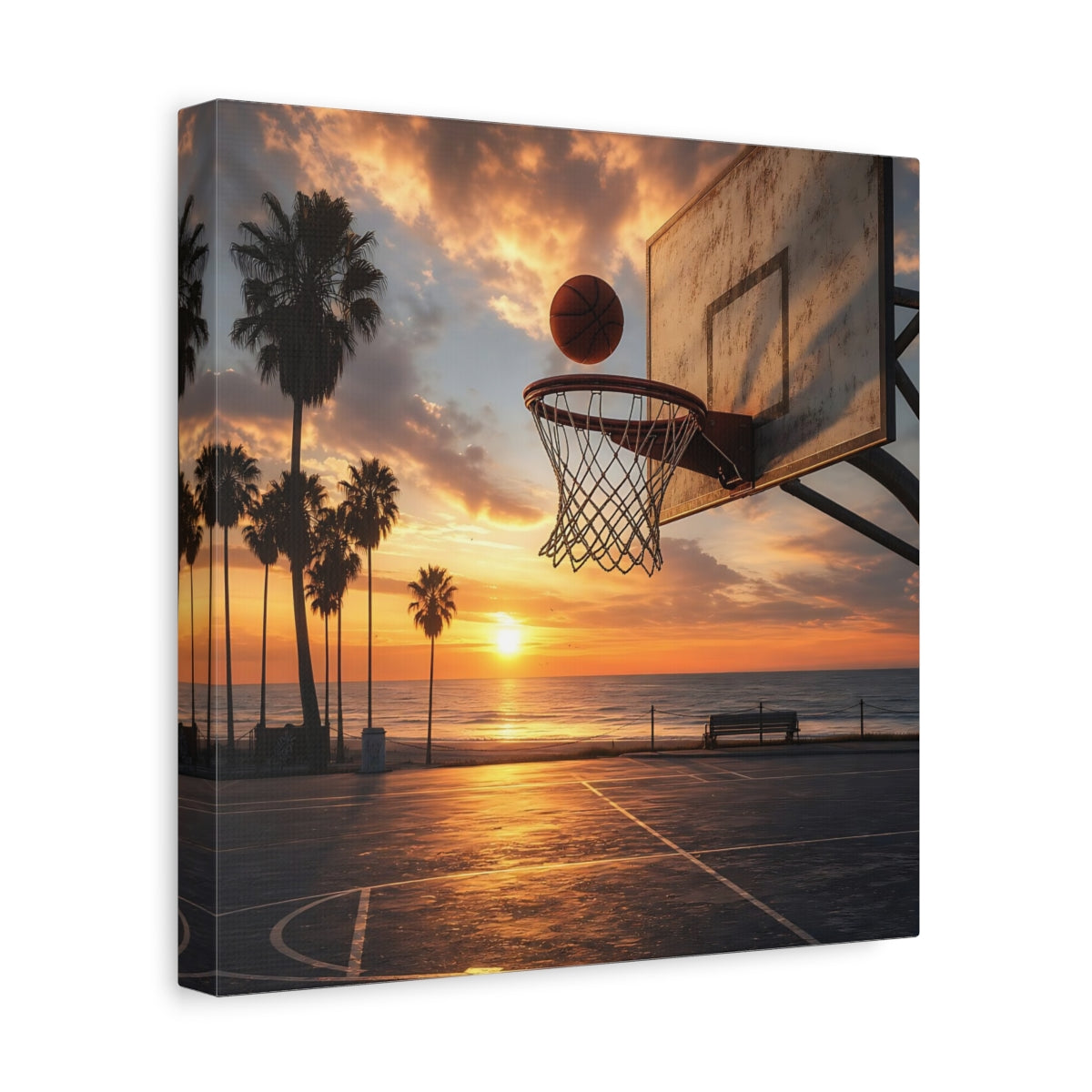 Side Mockup 8. Sunset Beach Hoops shown as canvas print