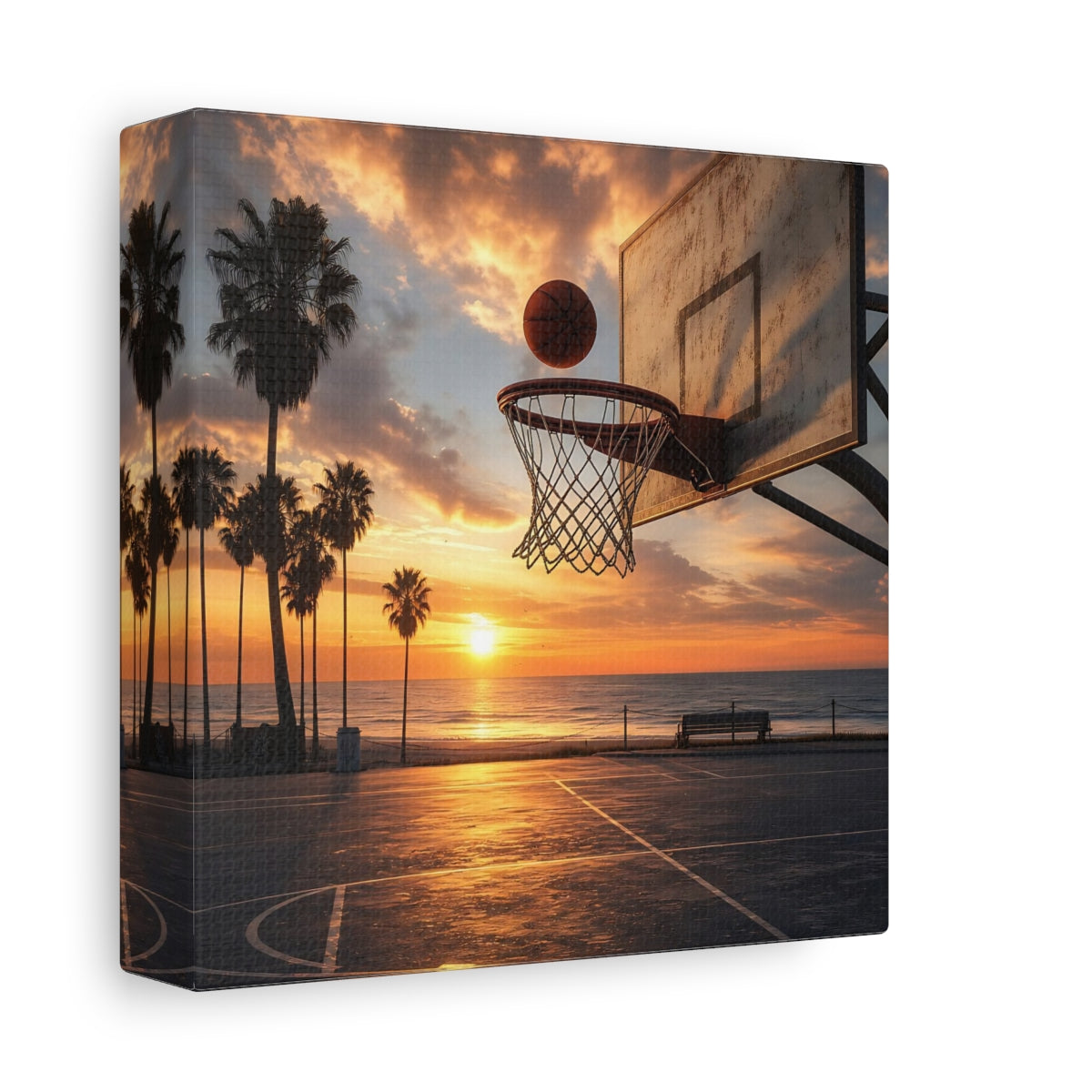 Side Mockup 2. Sunset Beach Hoops shown as canvas print