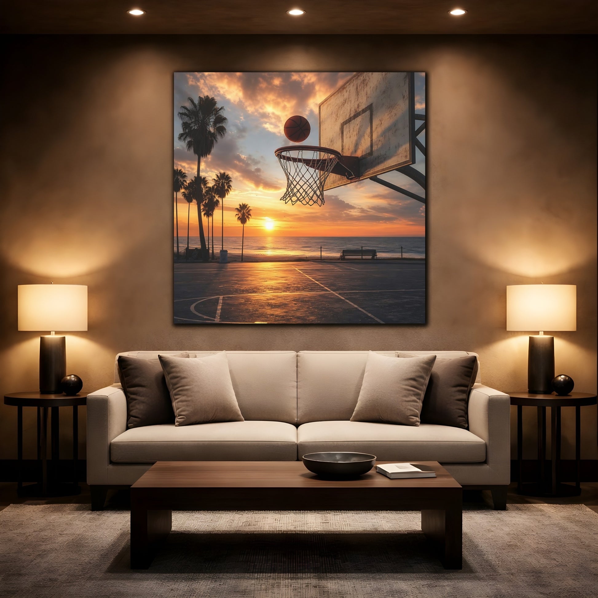 Mockup 2. Sunset Beach Hoops shown as canvas print