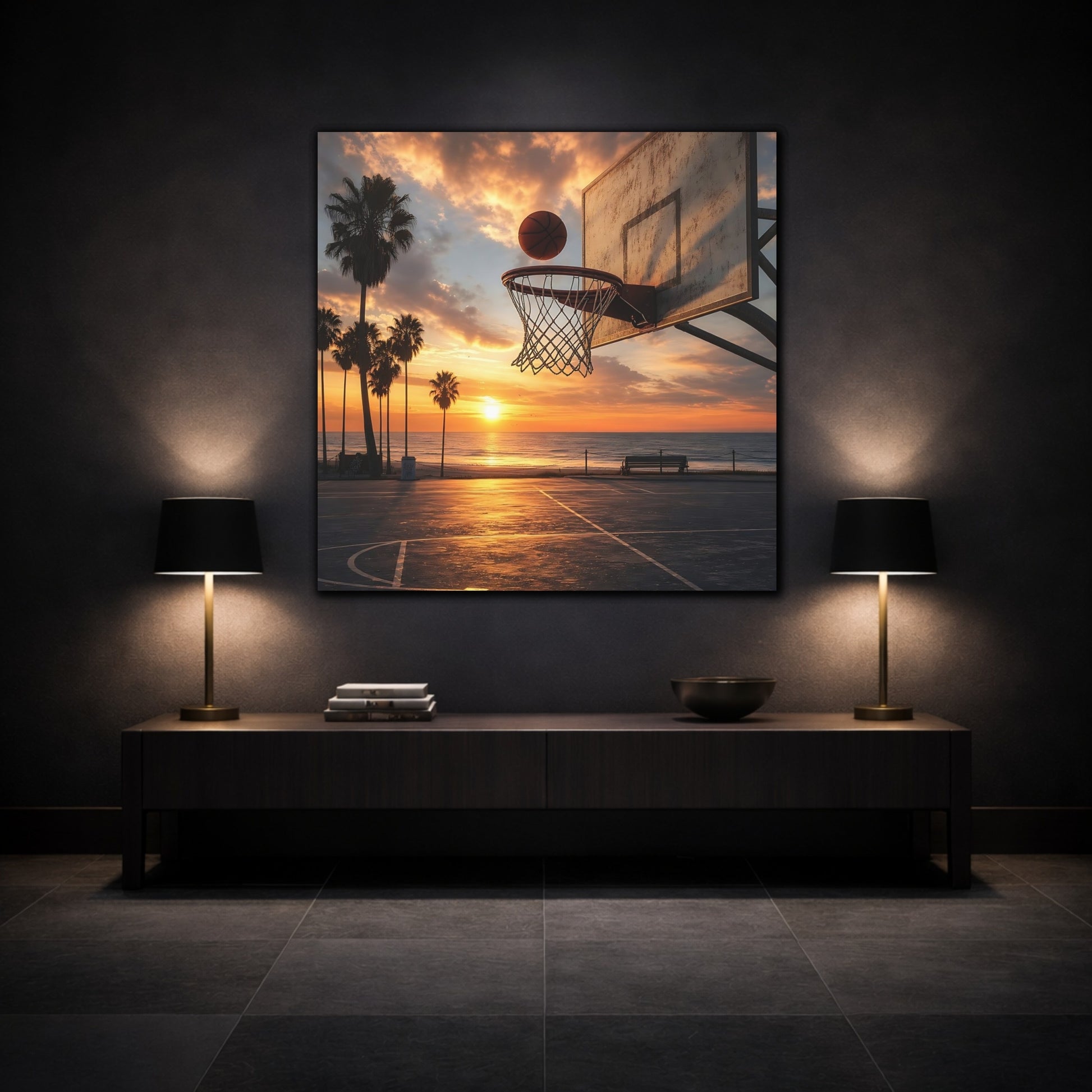 Mockup 3. Sunset Beach Hoops shown as canvas print