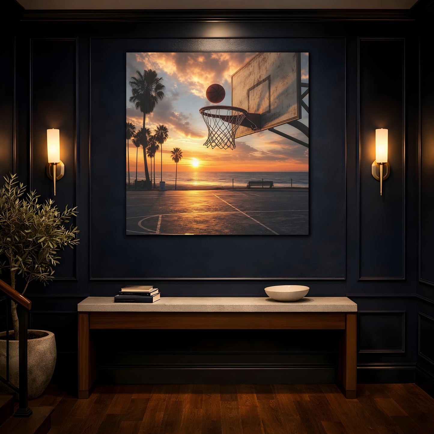 Mockup 4. Sunset Beach Hoops shown as canvas print