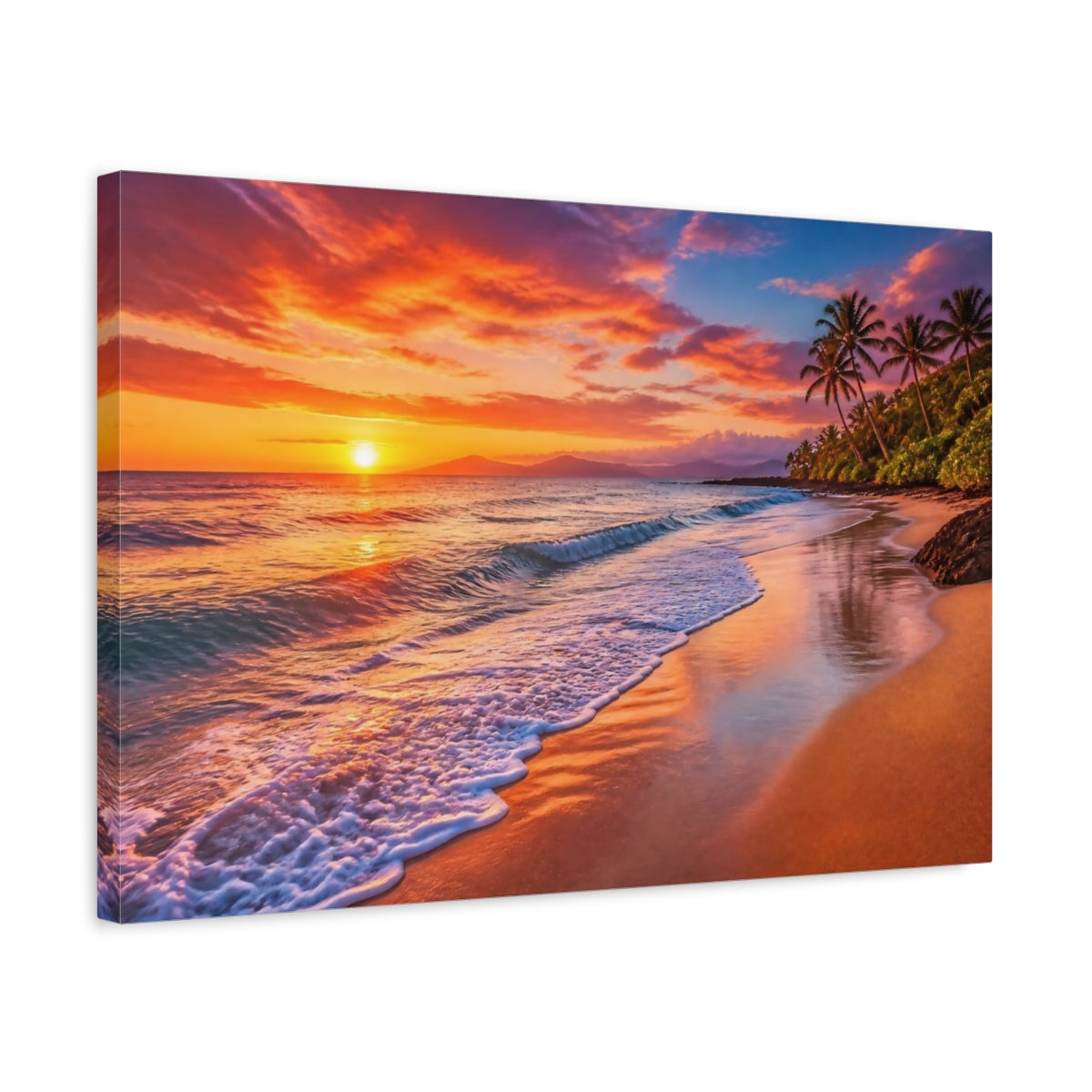 Side Mockup 3. Sunset Beach Landscape shown as canvas print