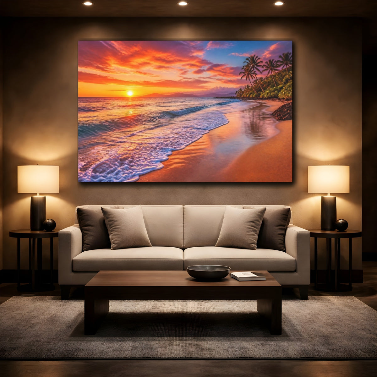 Mockup 2. Sunset Beach Landscape shown as canvas print