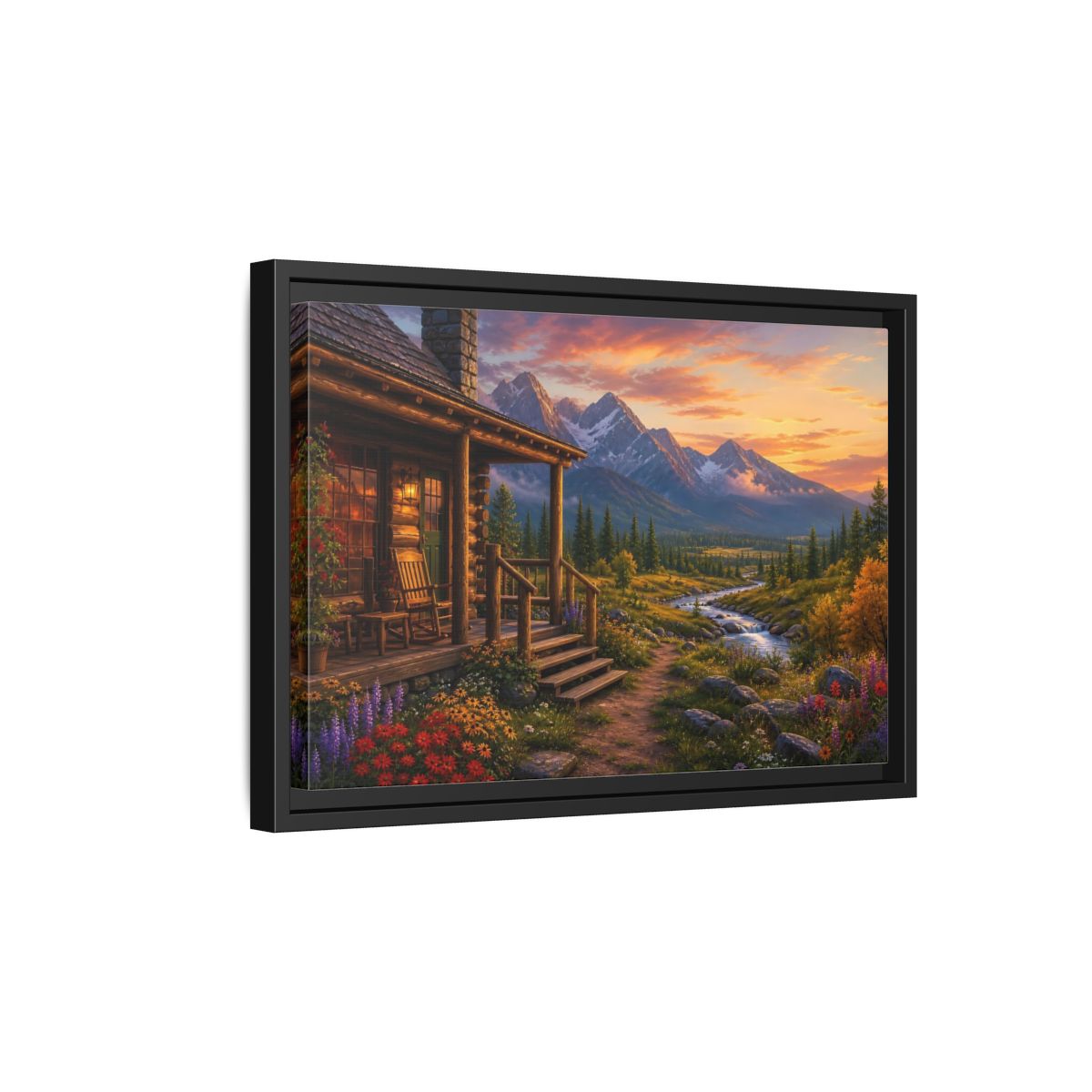 Side Mockup 6. Sunset Cabin By Stream shown as framed canvas print
