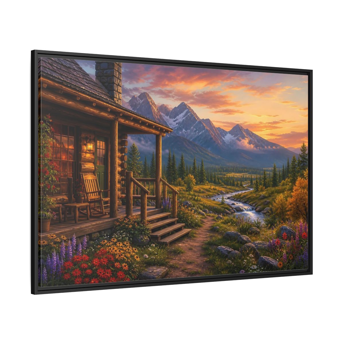 Side Mockup 12. Sunset Cabin By Stream shown as framed canvas print