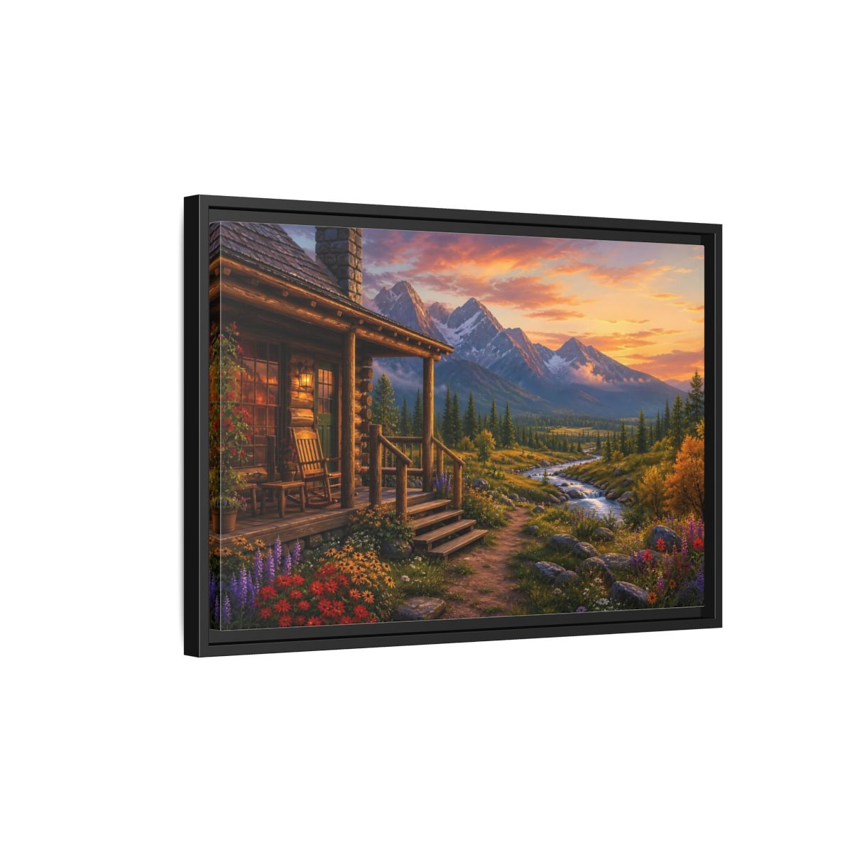Side Mockup 3. Sunset Cabin By Stream shown as framed canvas print