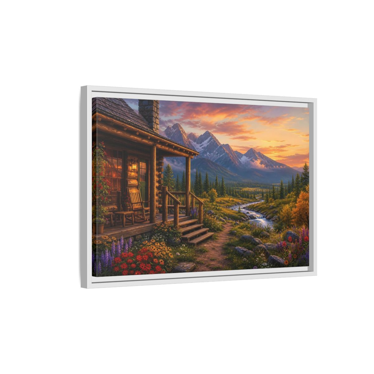 Side Mockup 1. Sunset Cabin By Stream shown as framed canvas print