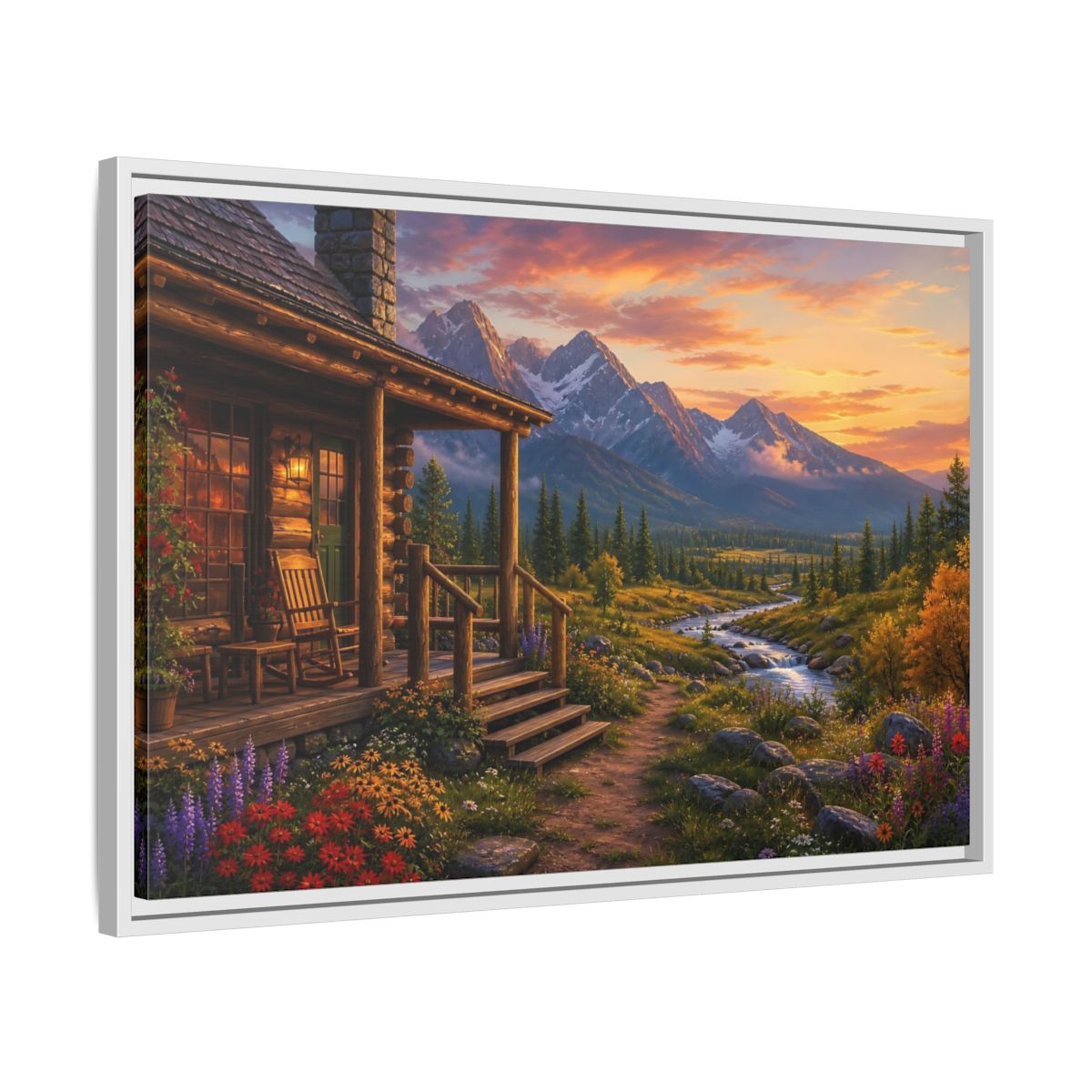 Side Mockup 10. Sunset Cabin By Stream shown as framed canvas print