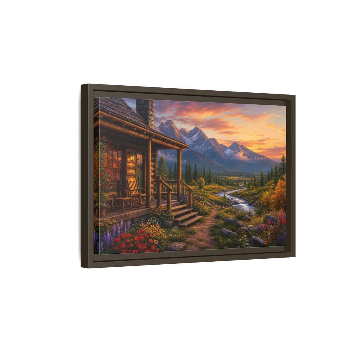 Side Mockup 5. Sunset Cabin By Stream shown as framed canvas print