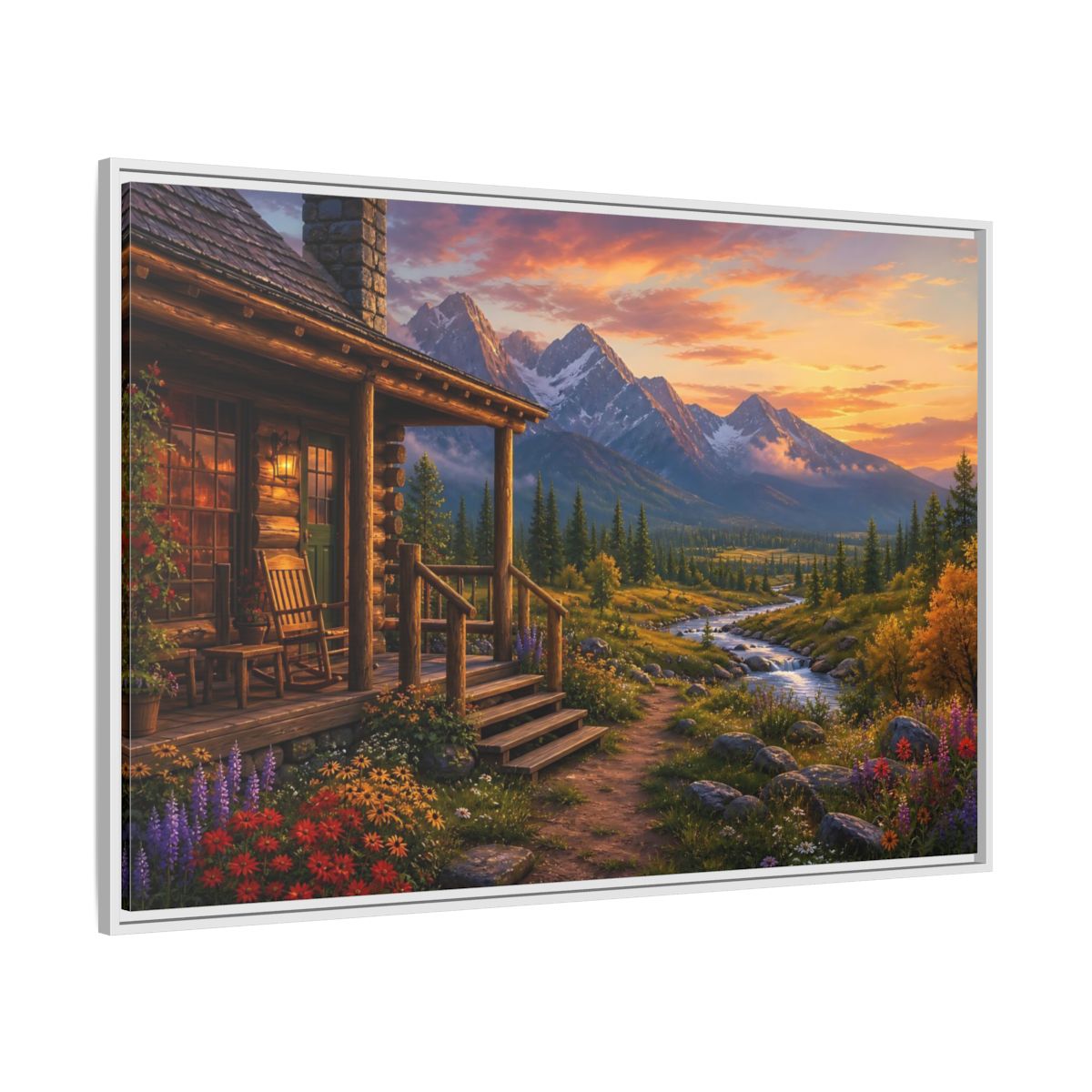 Side Mockup 7. Sunset Cabin By Stream shown as framed canvas print