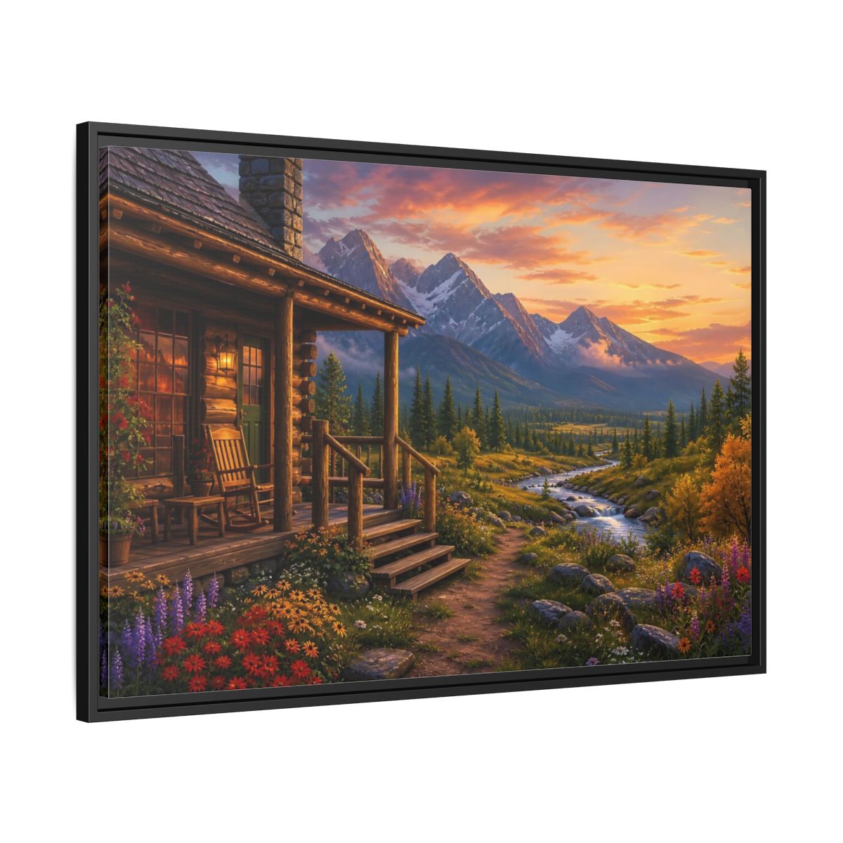 Side Mockup 13. Sunset Cabin By Stream shown as framed canvas print
