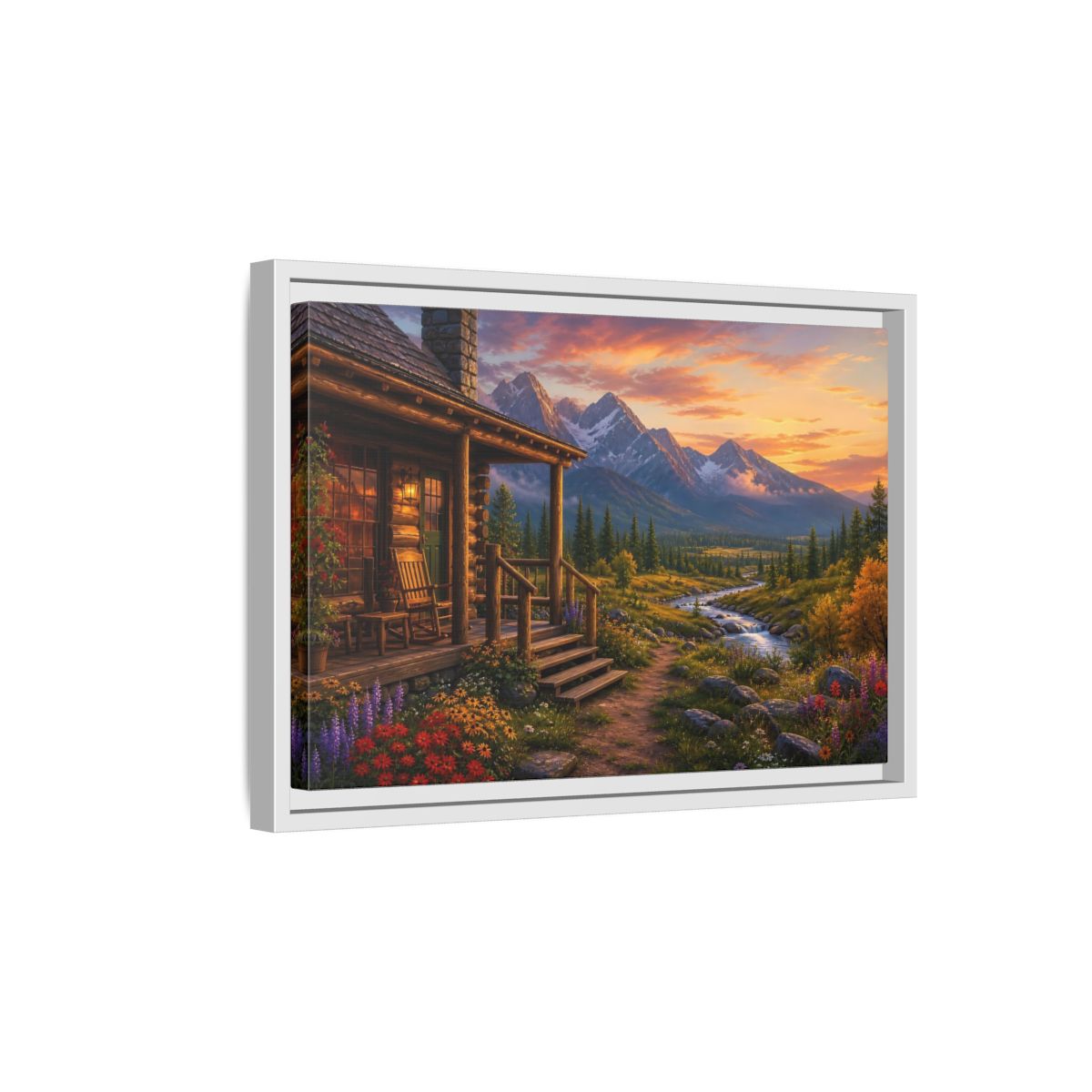 Side Mockup 4. Sunset Cabin By Stream shown as framed canvas print