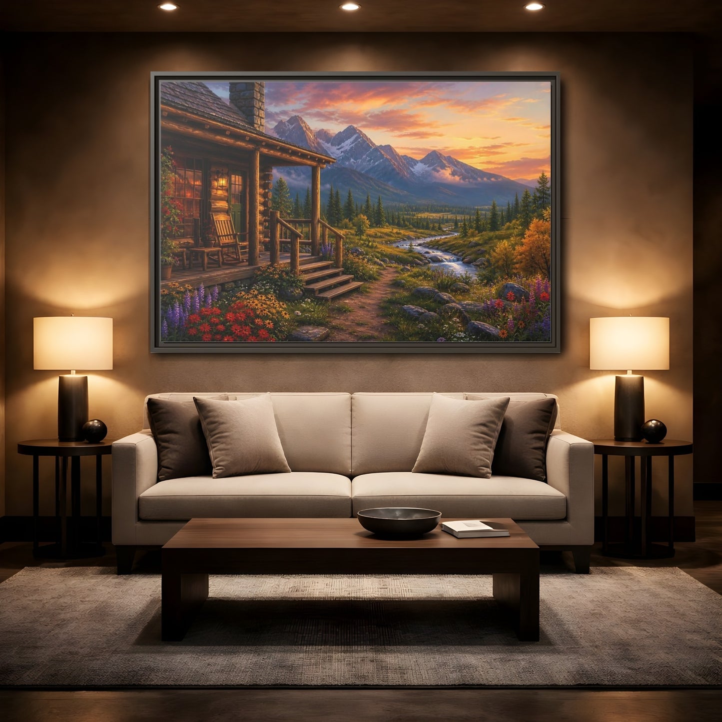 Mockup 2. Sunset Cabin By Stream shown as framed canvas print