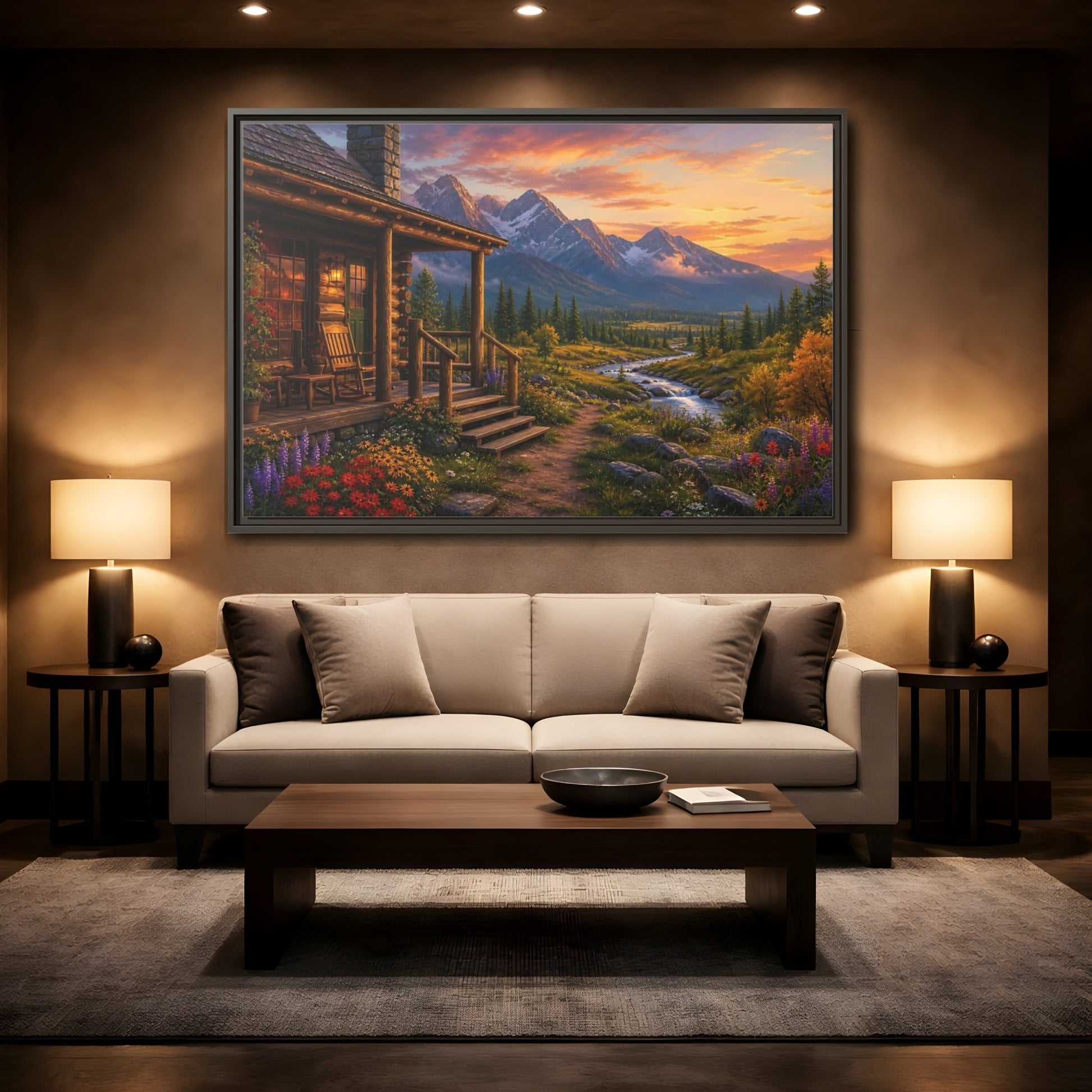 Mockup 2. Sunset Cabin By Stream shown as framed canvas print