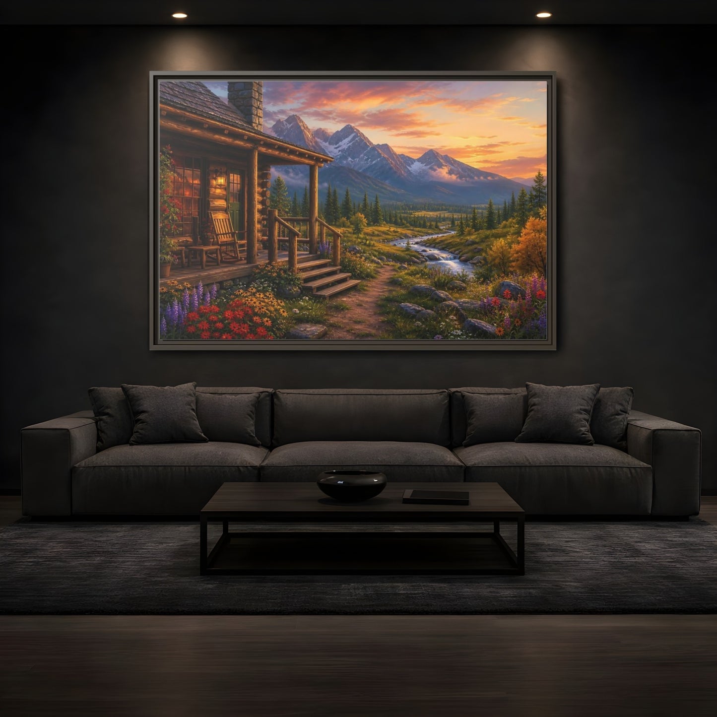 Mockup 3. Sunset Cabin By Stream shown as framed canvas print