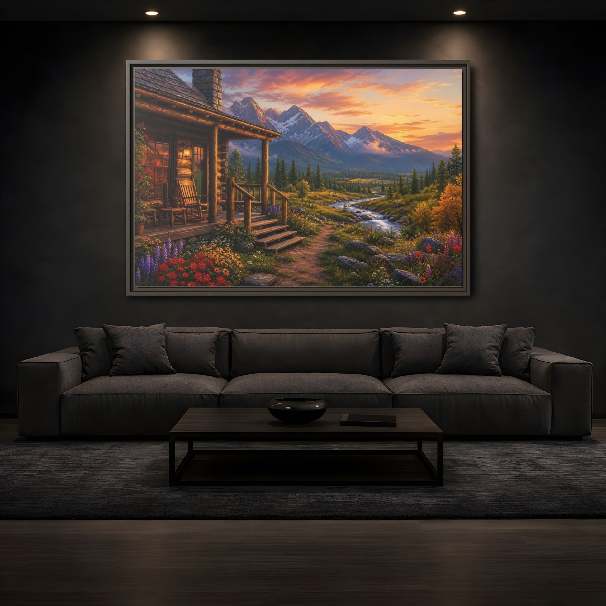 Mockup 3. Sunset Cabin By Stream shown as framed canvas print