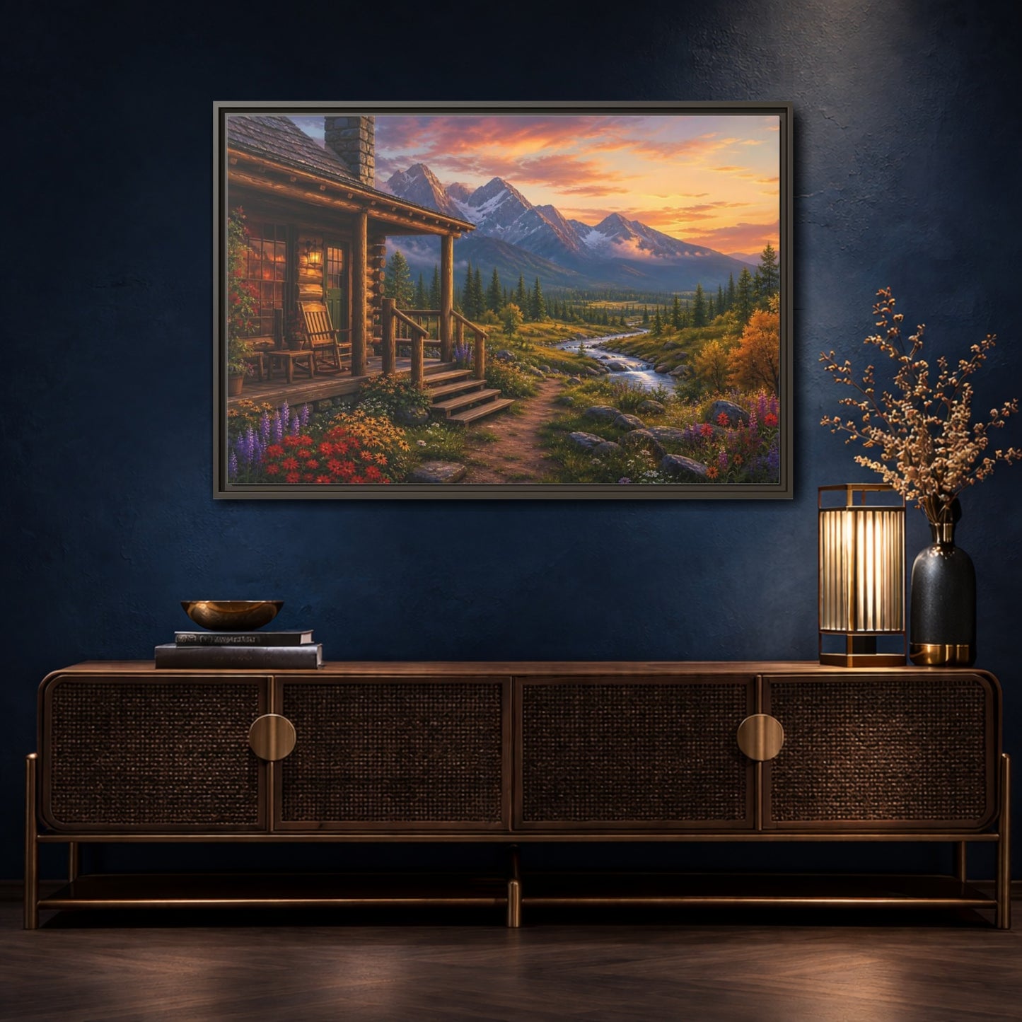 Mockup 4. Sunset Cabin By Stream shown as framed canvas print