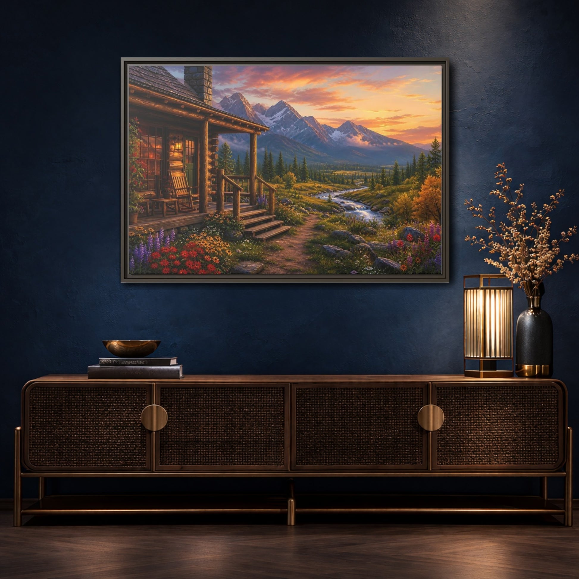 Mockup 4. Sunset Cabin By Stream shown as framed canvas print
