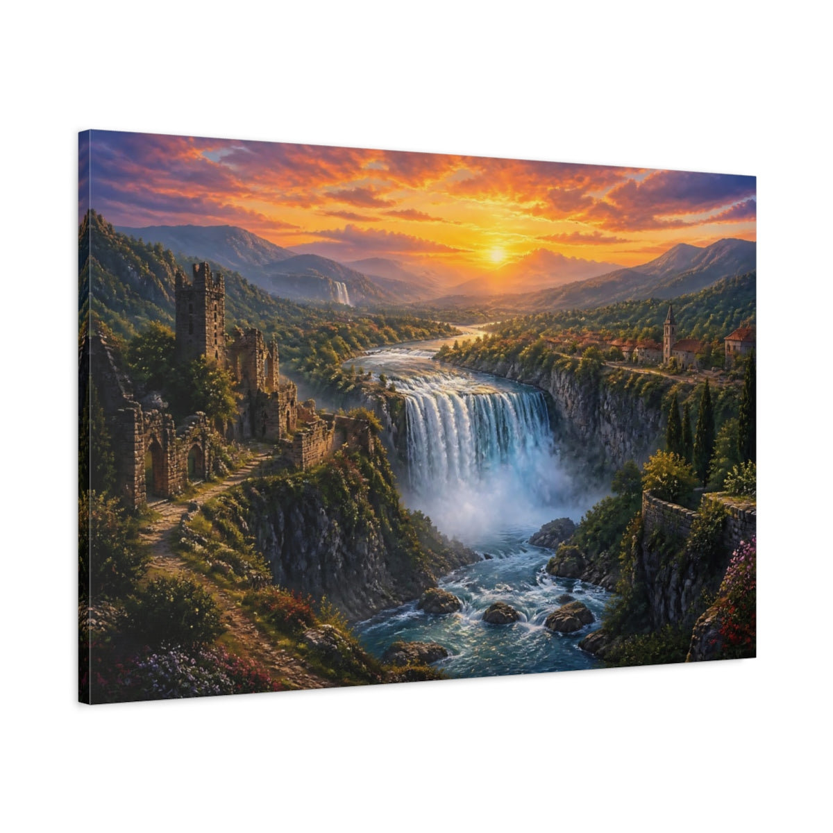 Main Mockup. Sunset Canyon Waterfall shown as canvas print