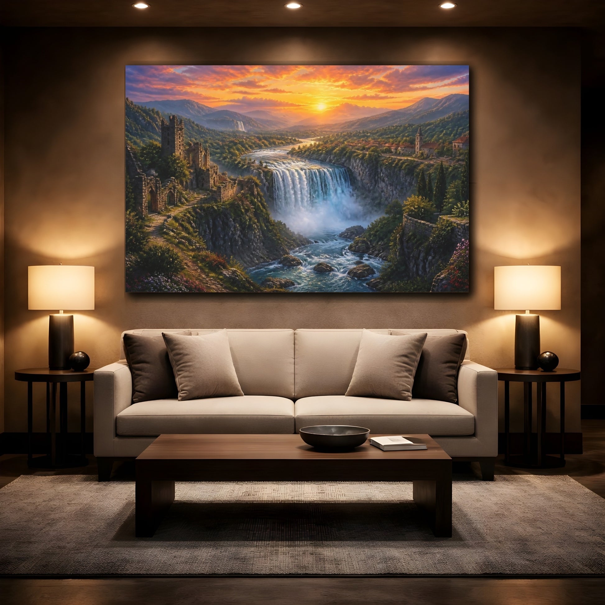 Mockup 2. Sunset Canyon Waterfall shown as canvas print
