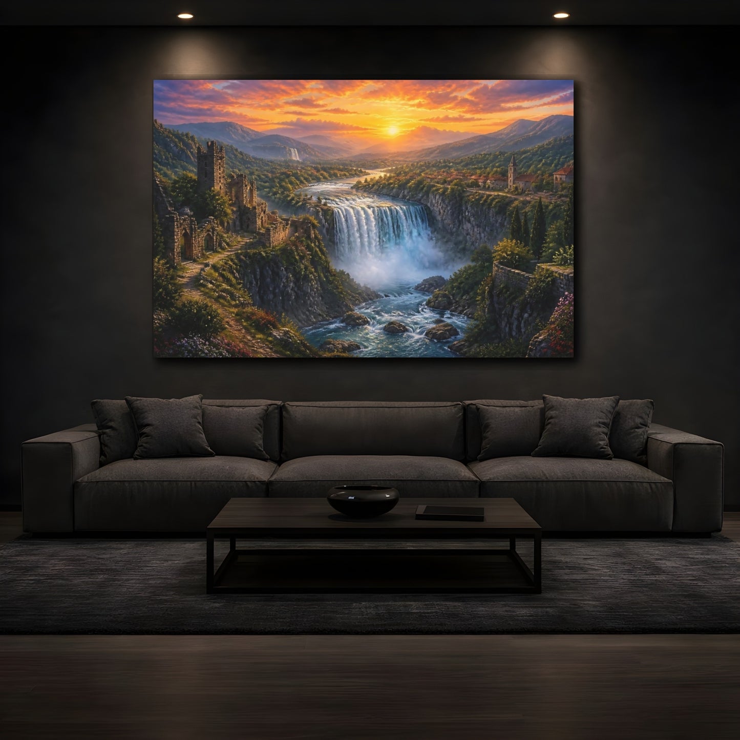 Mockup 3. Sunset Canyon Waterfall shown as canvas print