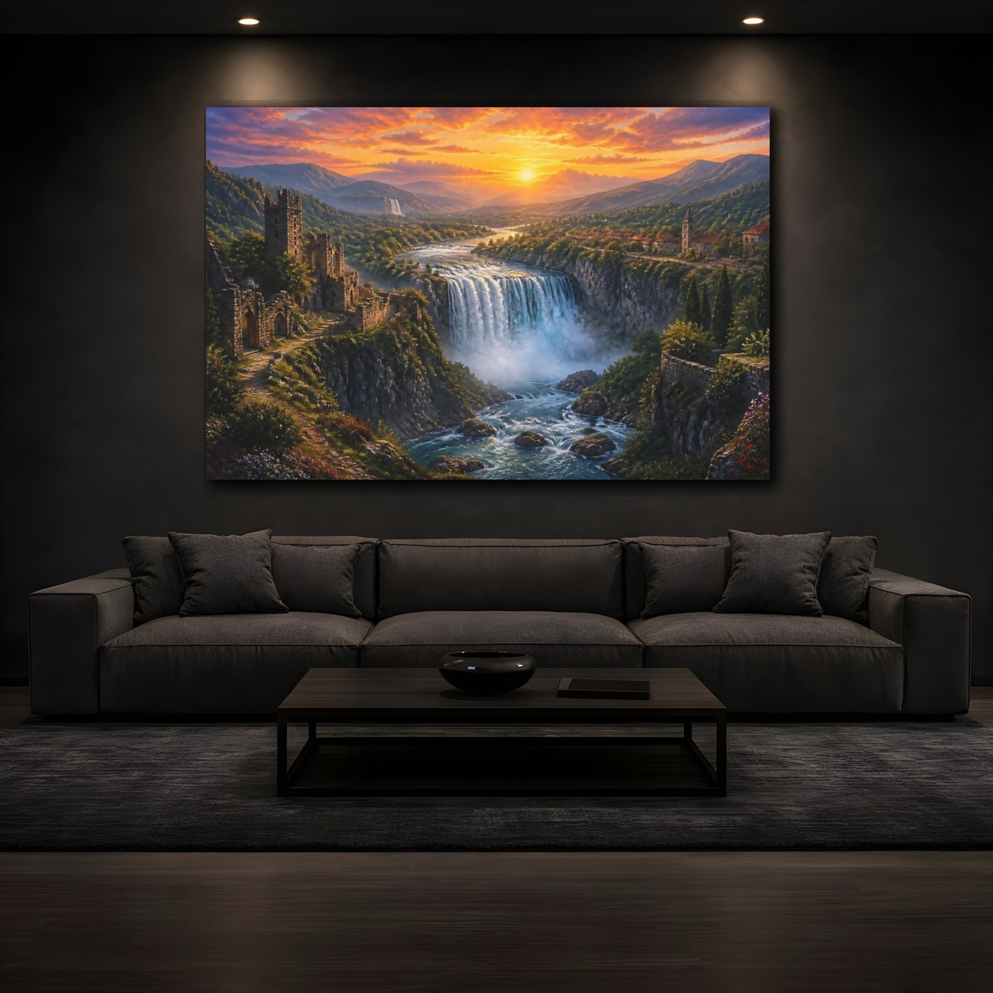 Mockup 3. Sunset Canyon Waterfall shown as canvas print