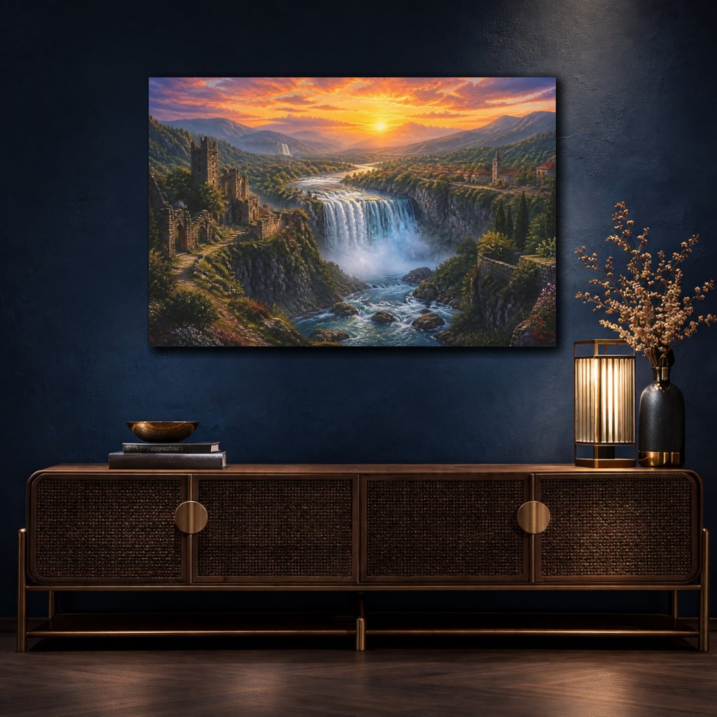 Mockup 4. Sunset Canyon Waterfall shown as canvas print