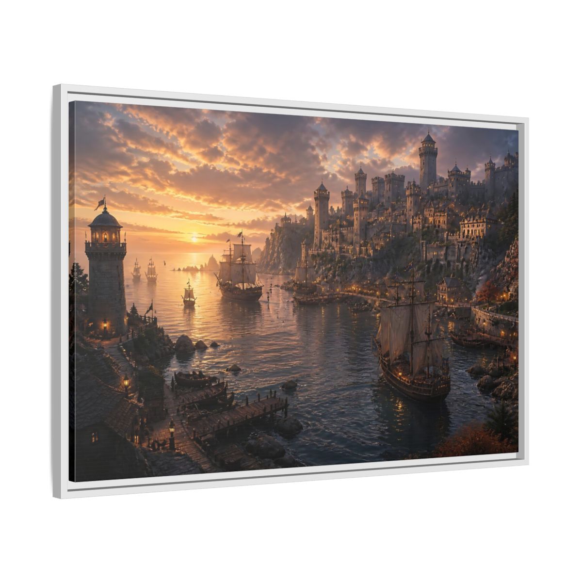 Side Mockup 9. Sunset Castle Harbor shown as framed canvas print