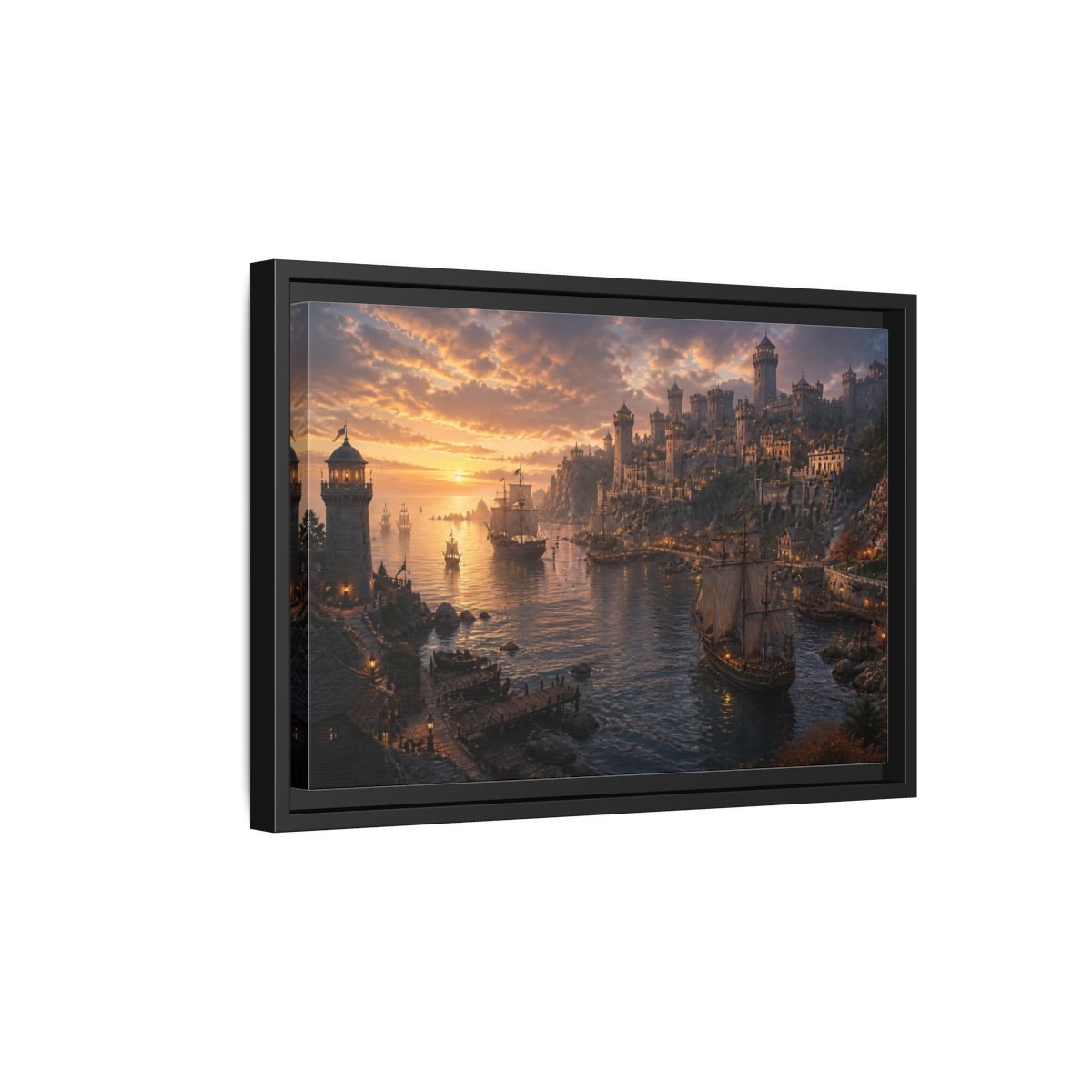 Side Mockup 6. Sunset Castle Harbor shown as framed canvas print