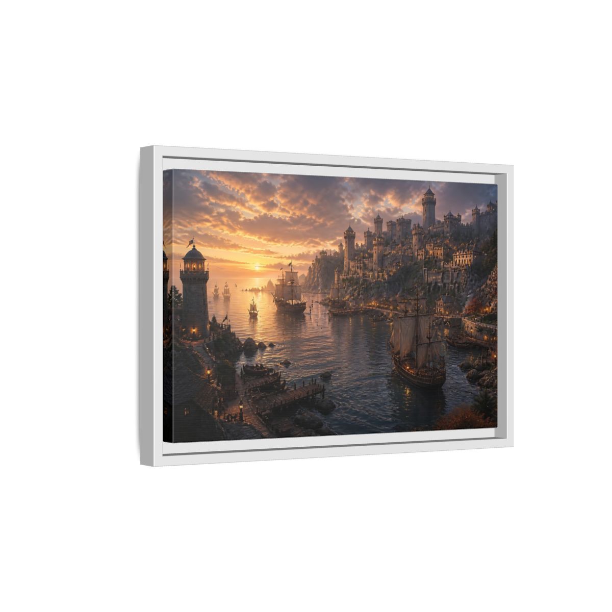 Side Mockup 4. Sunset Castle Harbor shown as framed canvas print