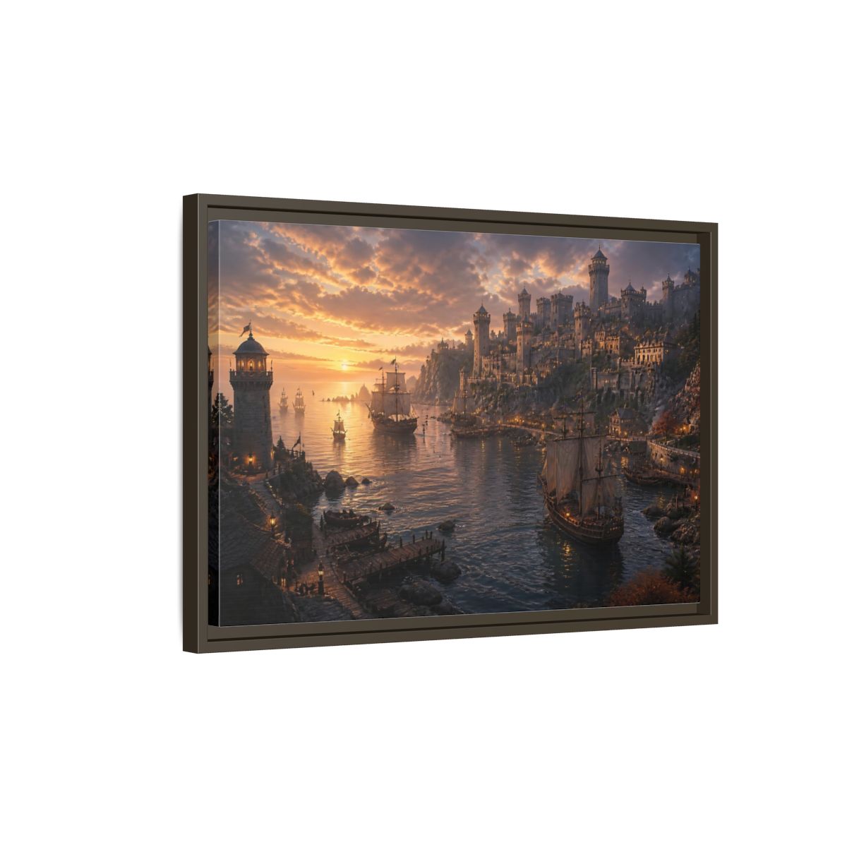 Side Mockup 2. Sunset Castle Harbor shown as framed canvas print