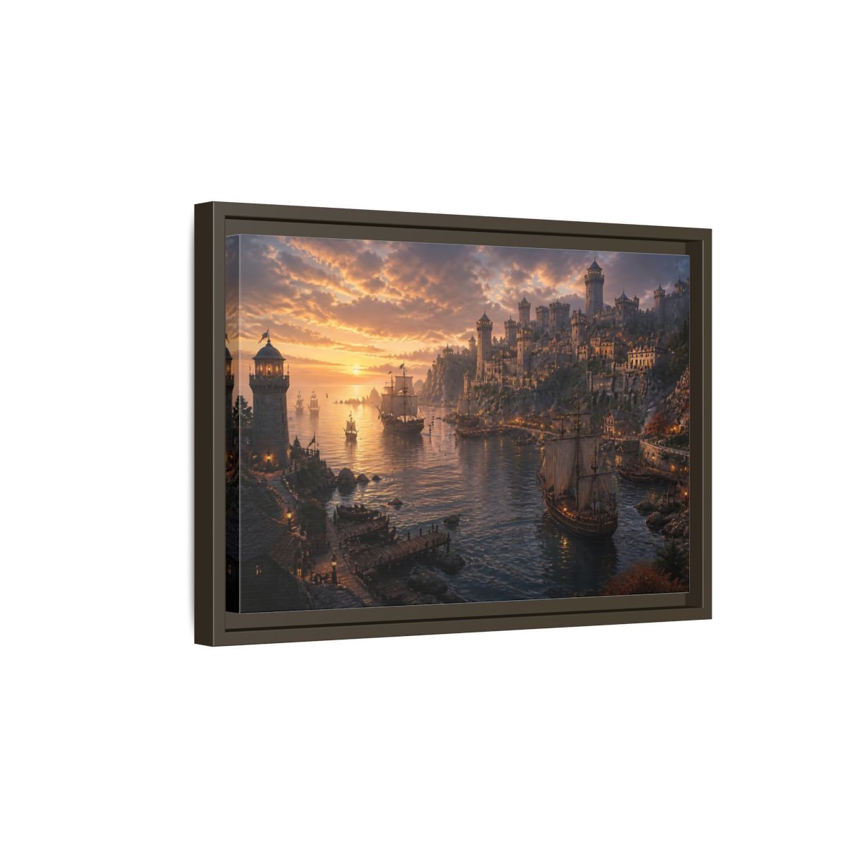 Side Mockup 5. Sunset Castle Harbor shown as framed canvas print