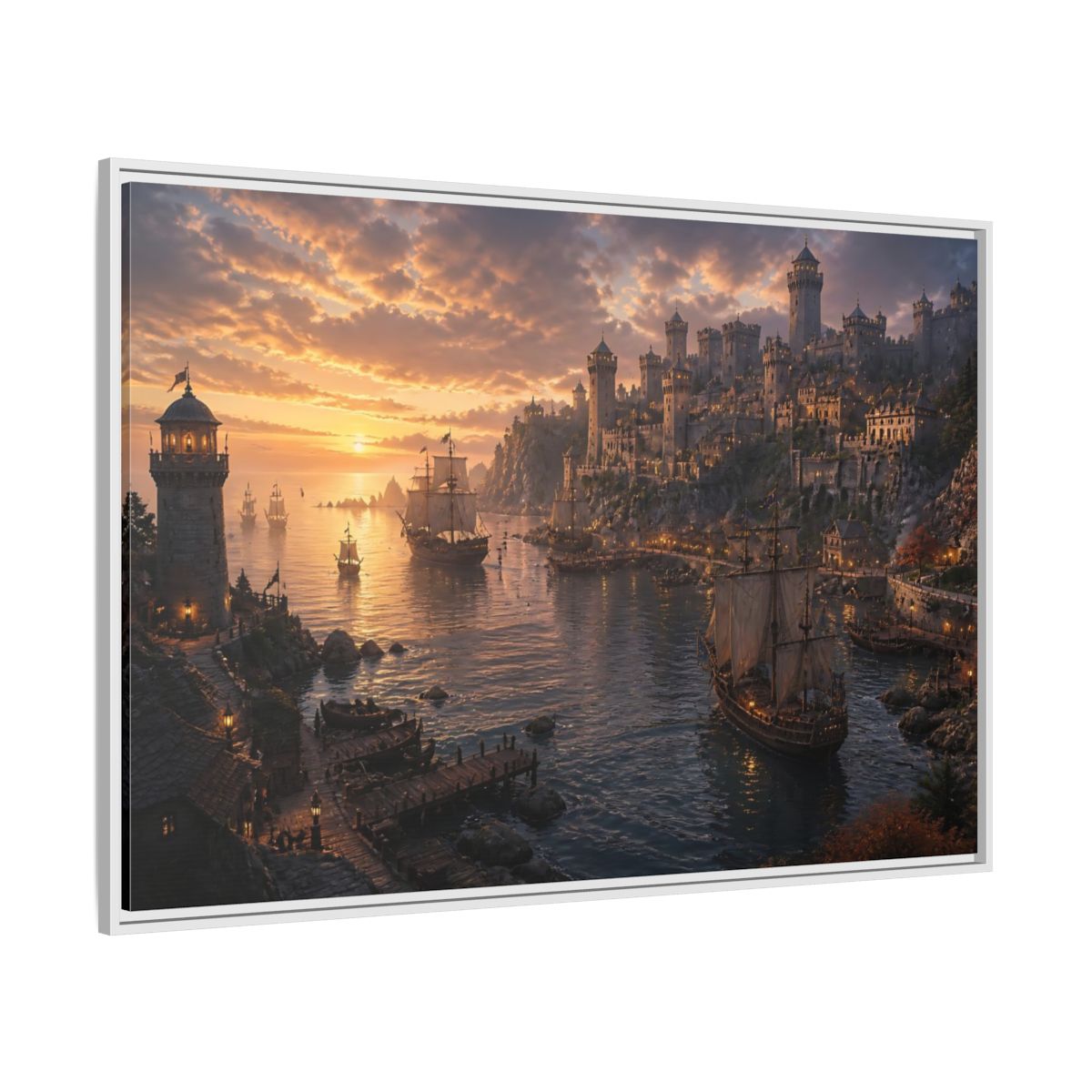 Side Mockup 7. Sunset Castle Harbor shown as framed canvas print
