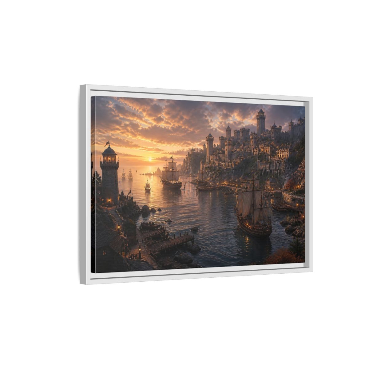 Side Mockup 1. Sunset Castle Harbor shown as framed canvas print