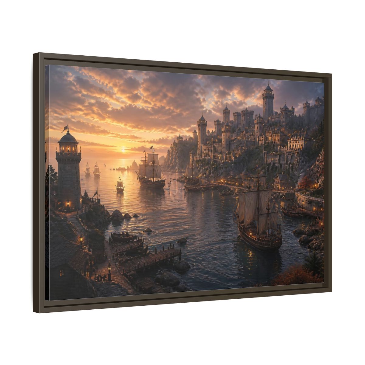 Side Mockup 11. Sunset Castle Harbor shown as framed canvas print